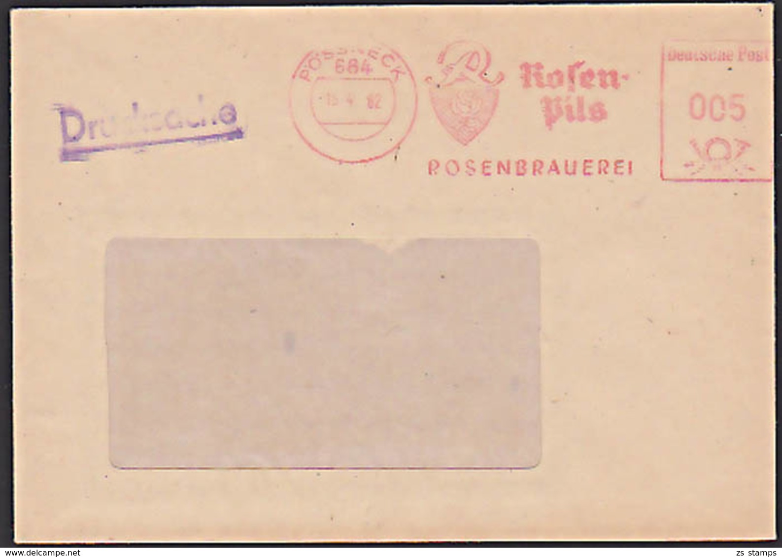 Pössneck Rosenbrauerei Bier Rosen-Pils DDR AFS = 005= Alkohol Brauerei, Drucksache 15.4.82, Wappen - Maschinenstempel (EMA)