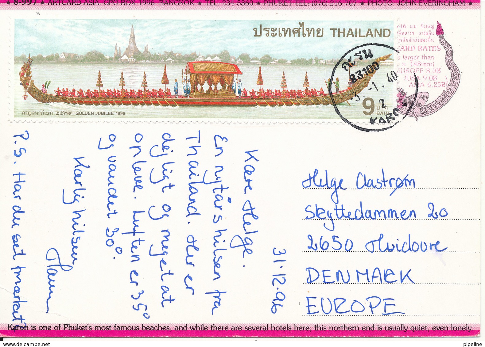 Thailand Postcard Sent To Denmark 3-1-1997 (Karon Beach Puket) 1 Weak Corner - Thaïlande