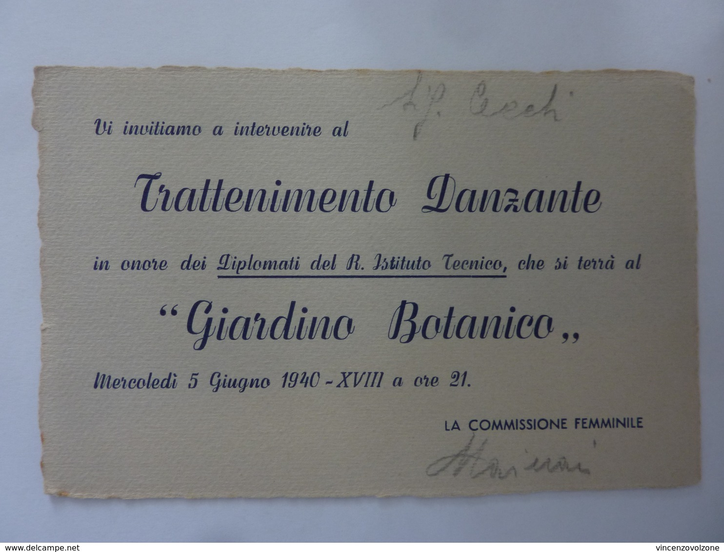 Cartoncino Invito "TRATTENIMENTO DANZANTE  Giardino Botanico, Napoli 5 Giugno 1940" - Autres & Non Classés