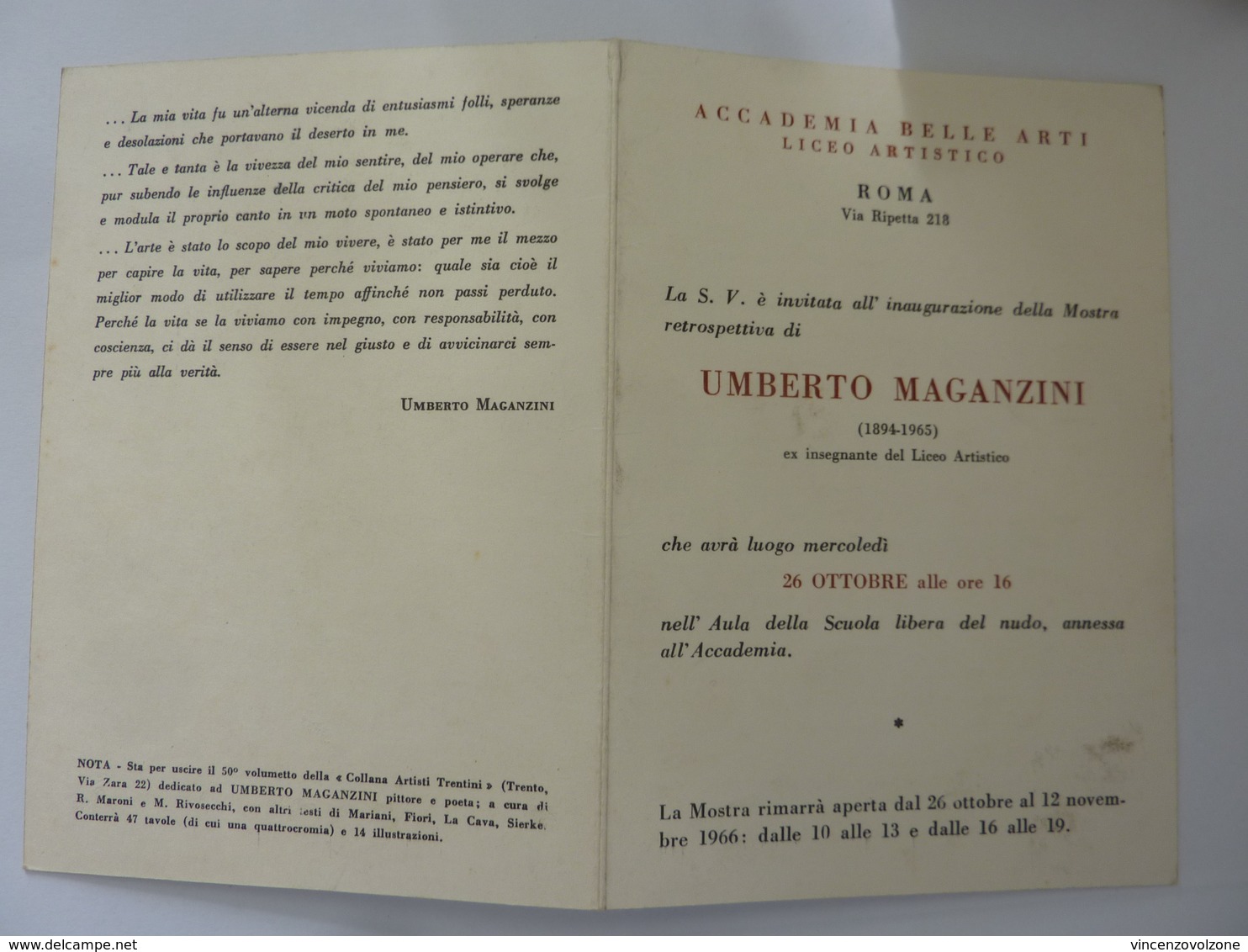 Pieghevole Invito "ACCADEMIA BELLE ARTI ROMA MOSTRA UMBERTO MAGANZINI" 1966 - Autres & Non Classés