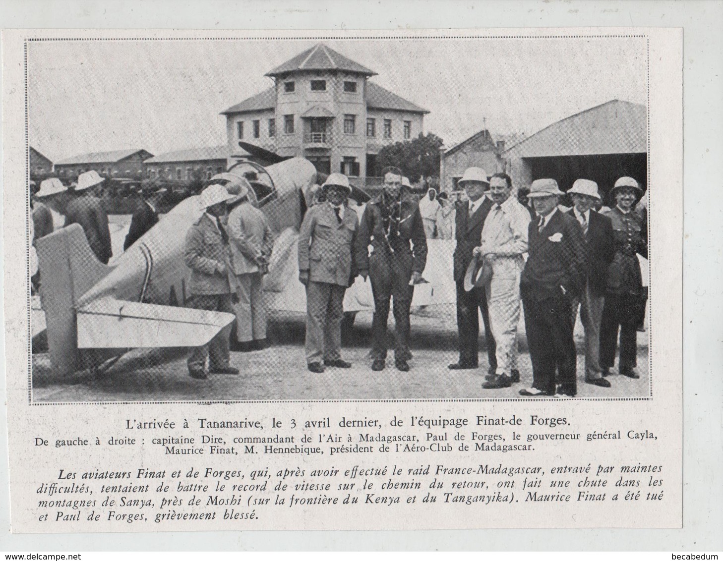 Arrivée à Tananarive équipage Finat De Forges Capitaine Dire Hennebique Madagascar 1935 - Non Classificati
