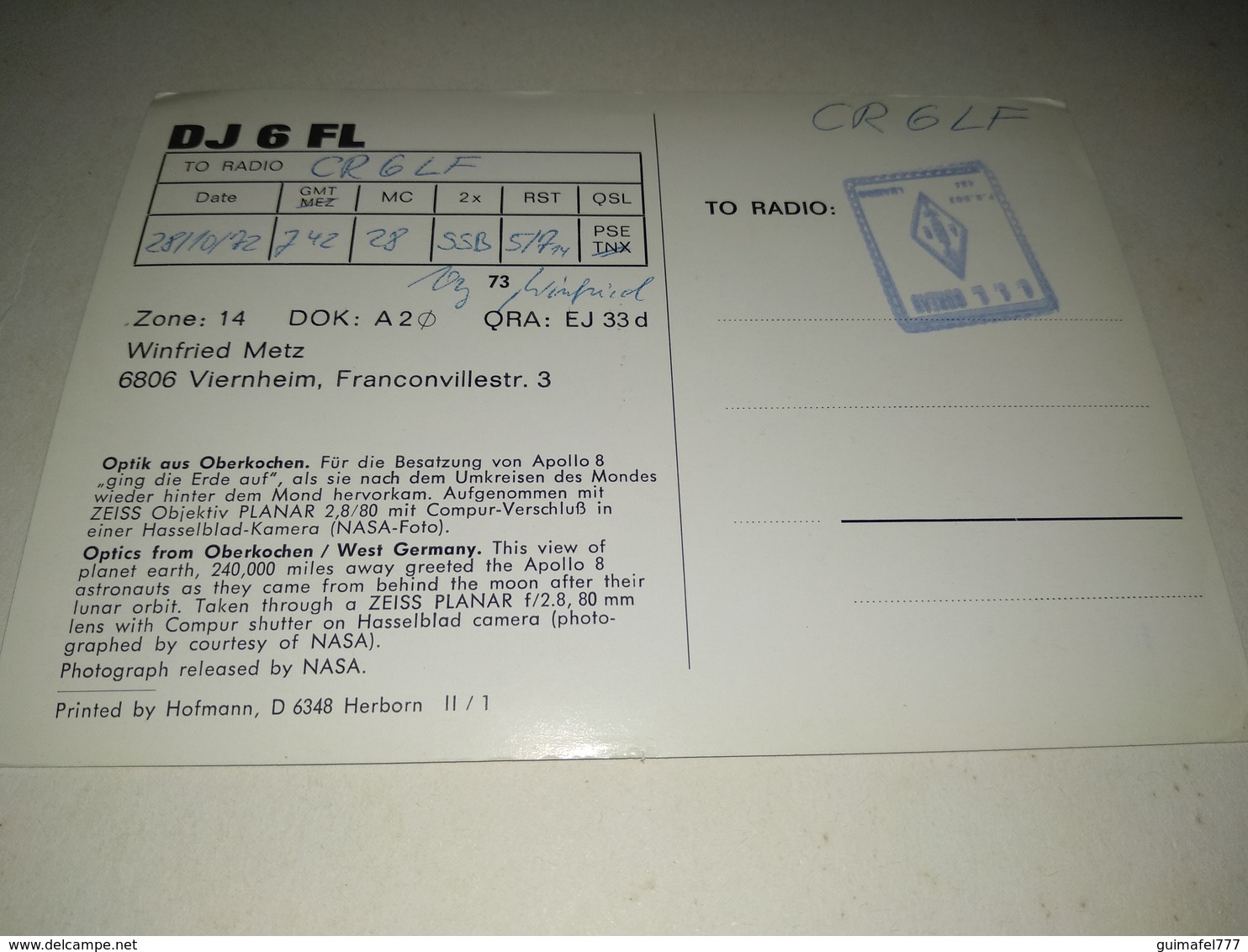 Postal, Postcard, Radio  - "Optics From Oberkochen / West Germany"  ,1972 - Radio Amateur