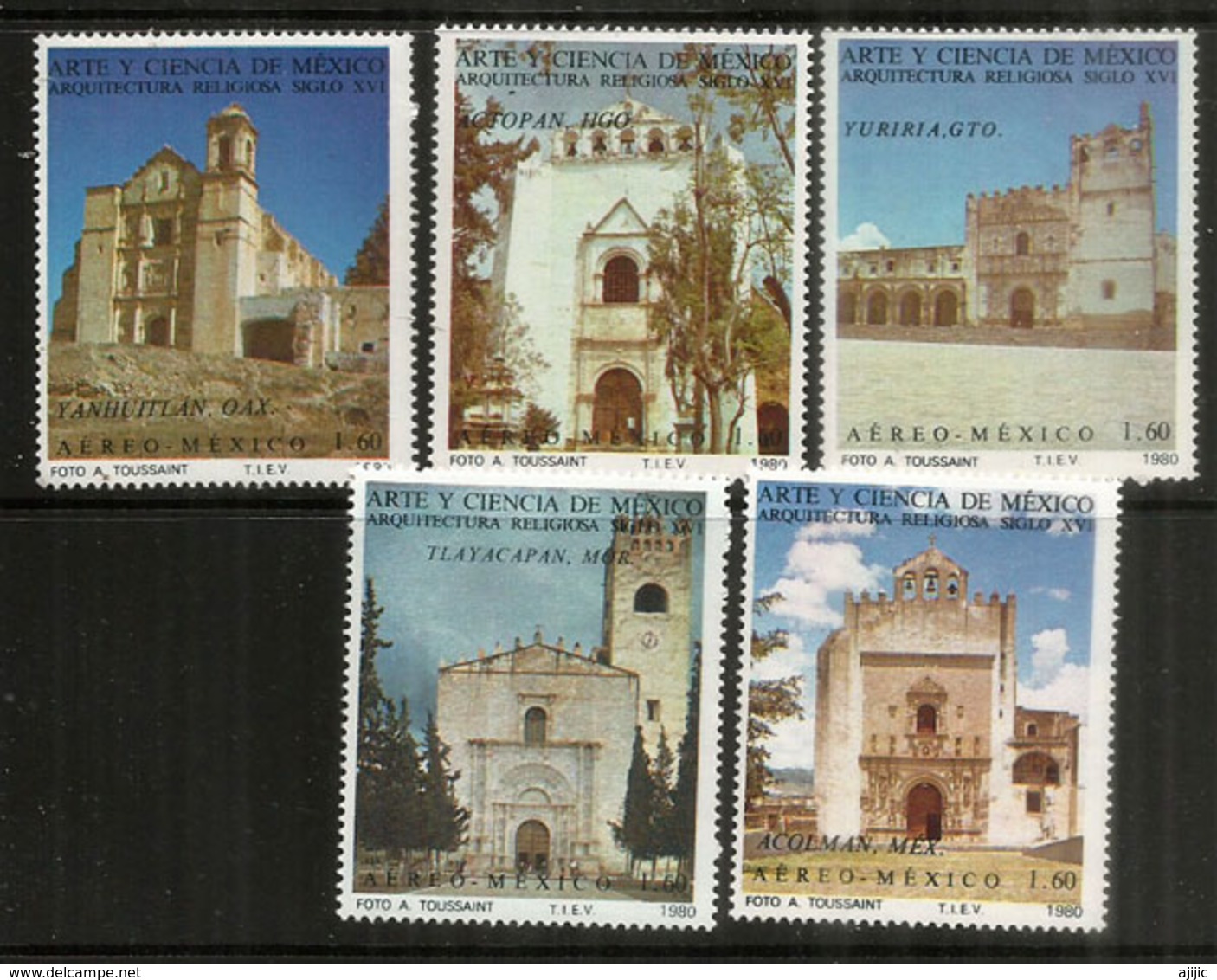 16th Century Famous Churches Of Mexico (Oaxaca,Guanajuato,Tlayacapan,Acolman,etc) 5 Timbres Neufs ** Air Mail Stamps - Mexique