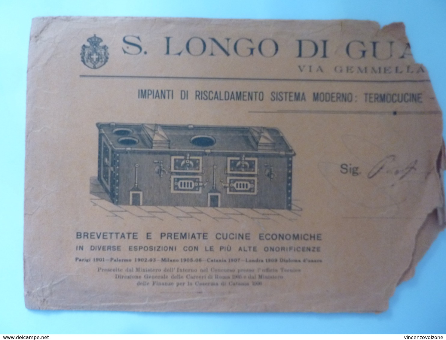 Busta Pubblicitaria "S. LONGO IMPIANTI DI RISCALDAMENTO" 1910 - Pubblicitari