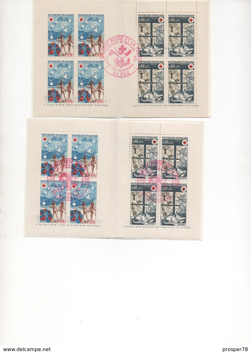 FRANCE. 1974.  2 CARNETS ** OBLITERES PREMIER JOUR PAU ET MULHOUSE. THEMES CROIX-ROUGE. ENFANCE. VACANCES. - Croix Rouge