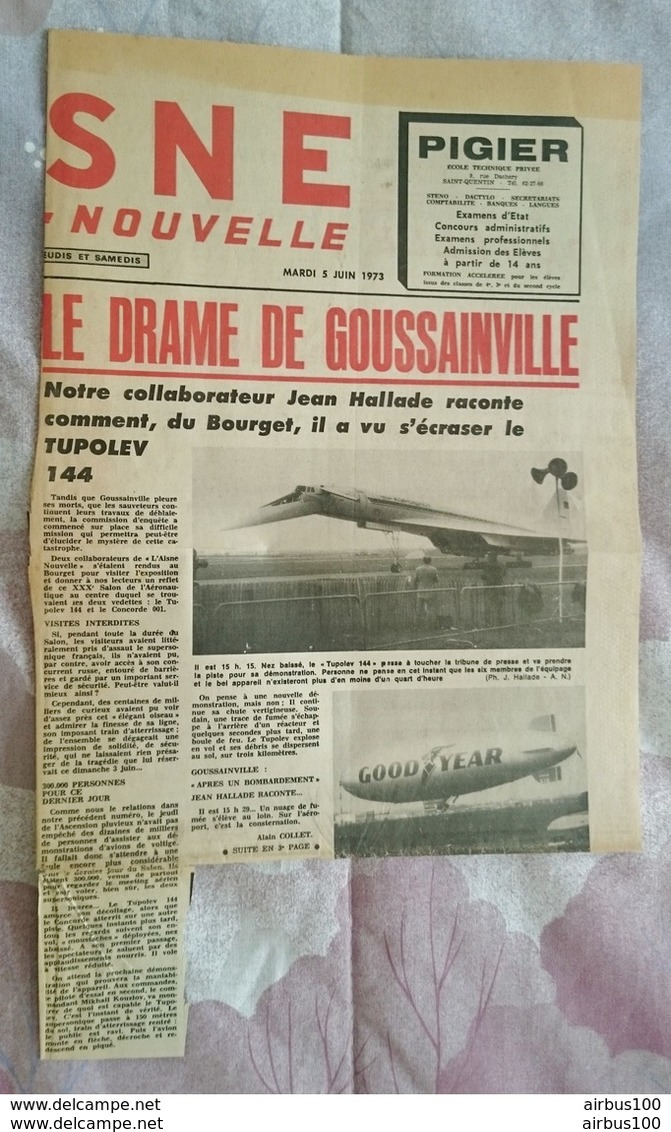 COUPURE DE PRESSE 5 JUIN 1973 MEETING DU BOURGET CRASH DU TUPOLEV 144 SUR GOUSSAINVILLE - Autres & Non Classés