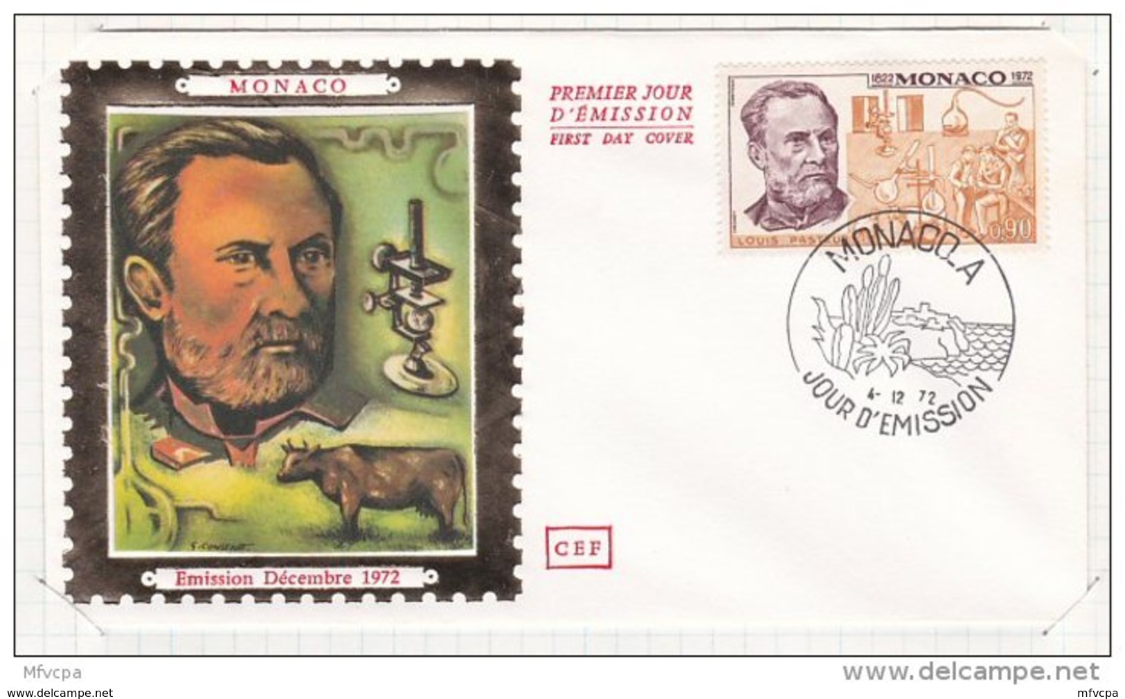 L4I138 MONACO 1972 FDC Louis Pasteur 0,90f  Monaco A 04 12 1972 - Louis Pasteur