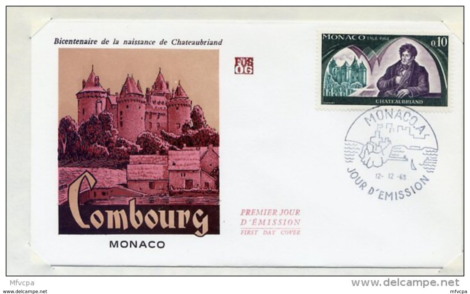 L4I005 MONACO 1968 FDC Chateaubriand 0,10 Monaco A 12 12 1968 - Ecrivains