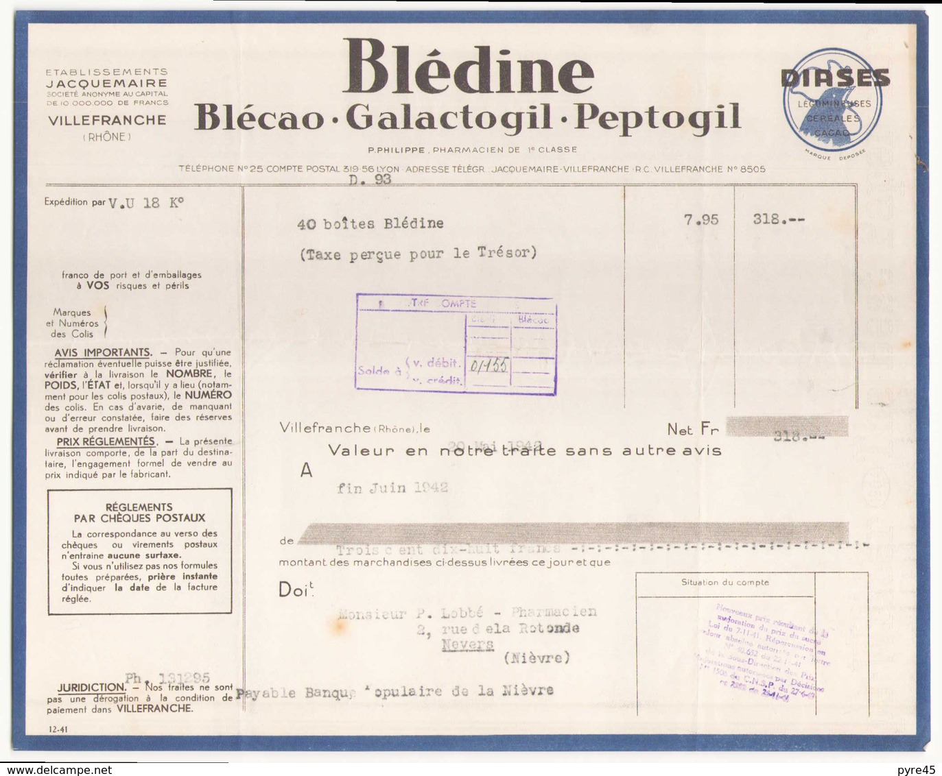 Facture " Blédine " à Villefranche De Fin Juin 1942 - 1900 – 1949