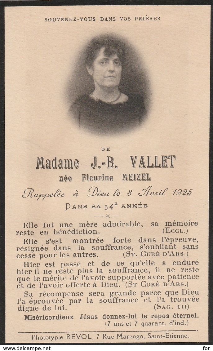 Généalogie : Faire-part Décés - Carte Mortuaire - J.-b. VALLET - Fleurine MEIZEL 1925 - St-étienne : Loire - Décès