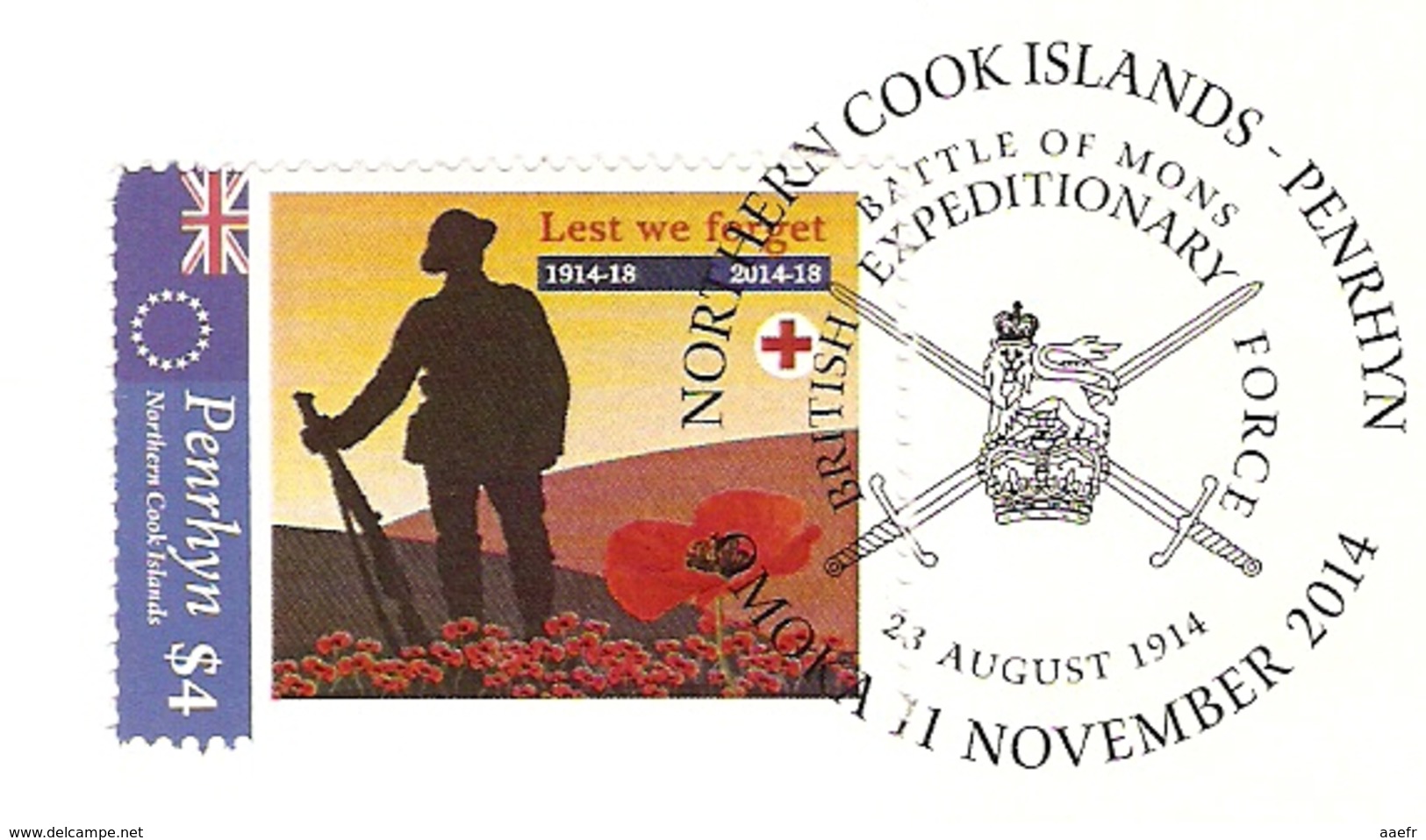 Northern Cook Islands - Penrhyn 2014 - FDC The Great War - The Battle Of Mons - Guerre 1914-18 - Penrhyn