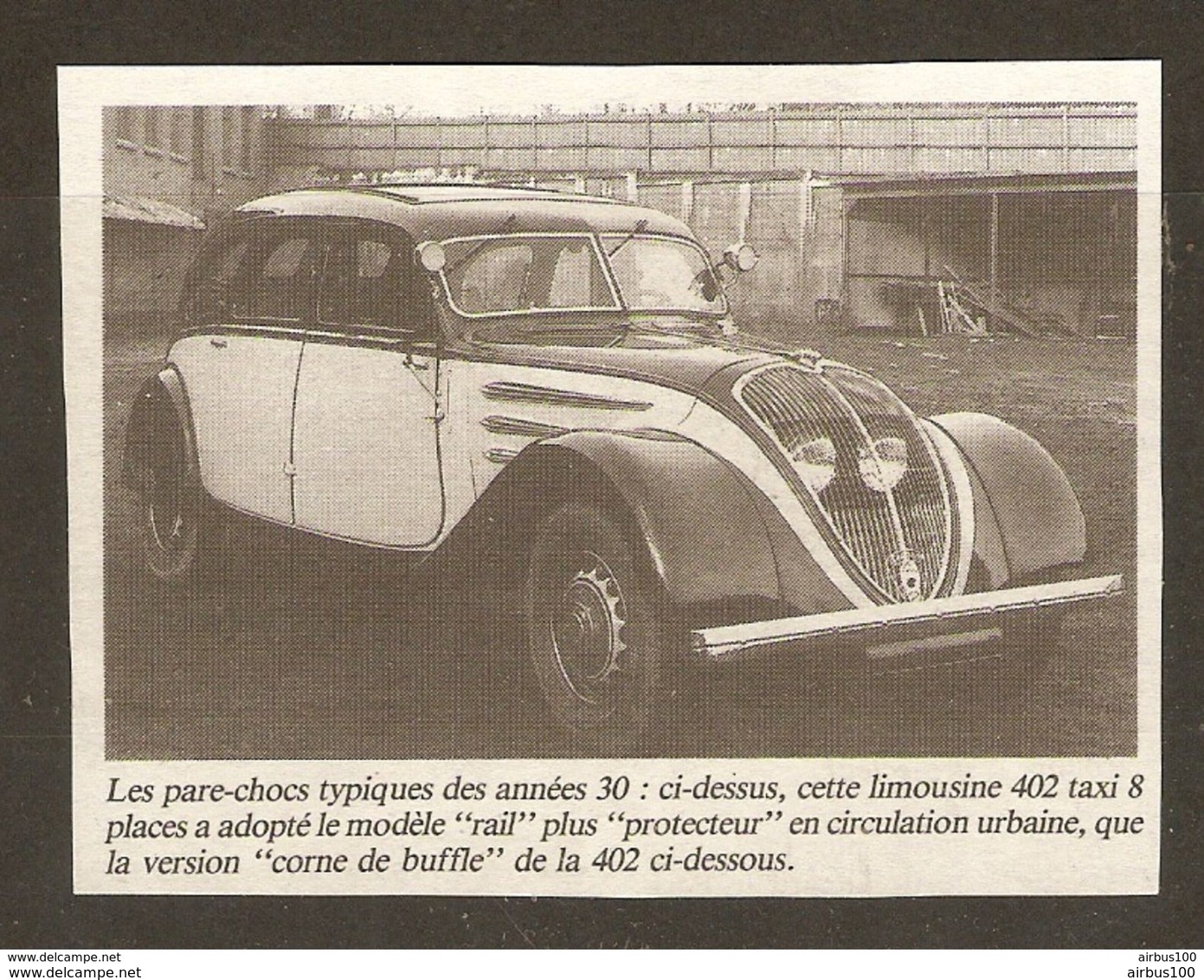 Coupure De Presse - OLD CAR VIEILLE VOITURE PEUGEOT LIMOUSINE 402 TAXI 8 PLACES - PARE CHOC TYPIQUE DES ANNÉES 1930 - Voitures