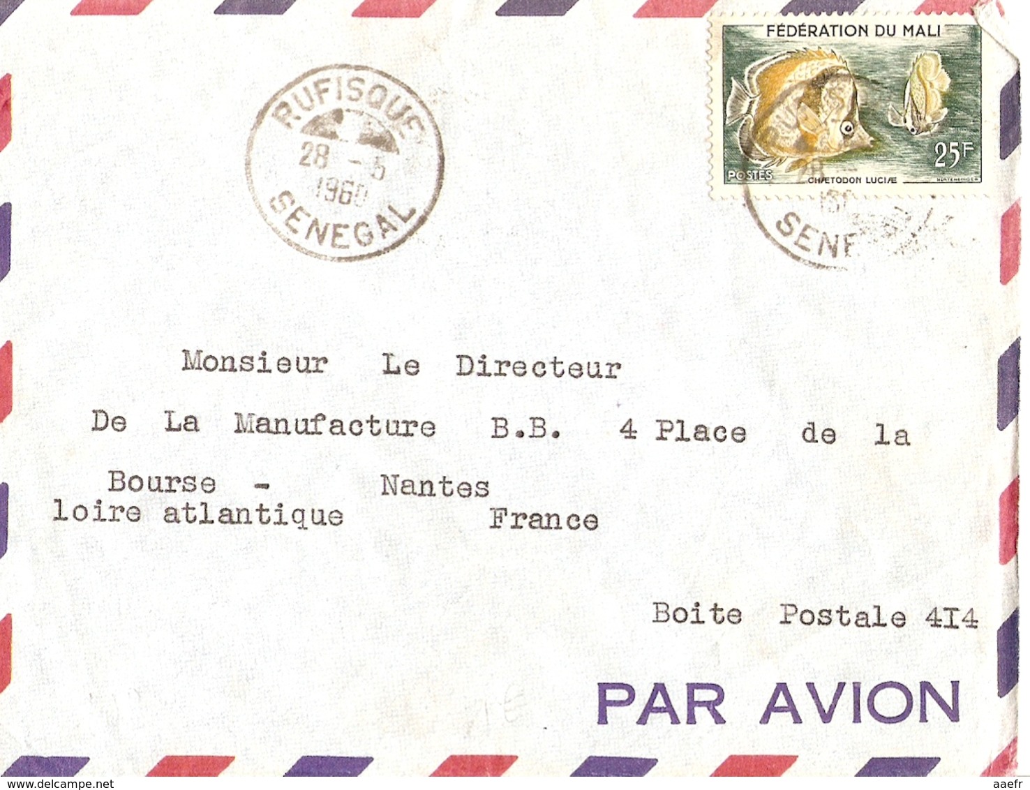 Sénégal 28 Mai 1960 - Lettre Par Avion De Rufisque à Nantes, France - Timbre N° 6 - Fédération Du Mali - Sénégal (1960-...)