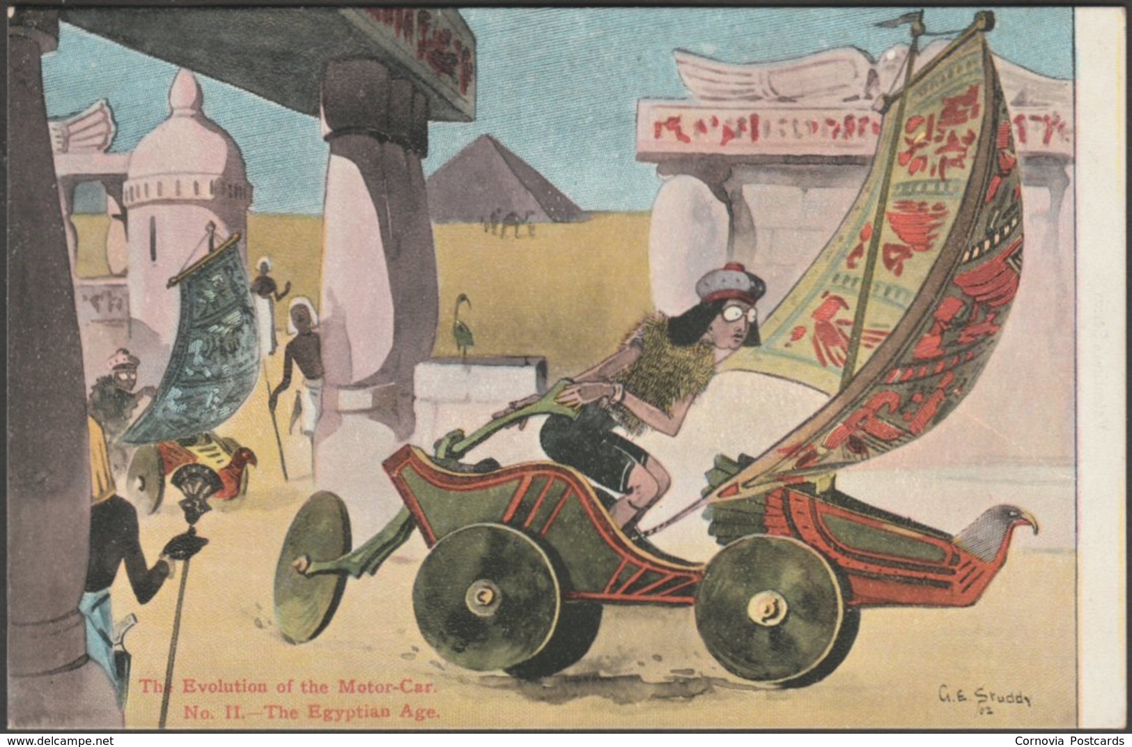 G E Studdy - The Evolution Of The Motor Car, Egyptian Age, 1904 - Valentine's Postcard - Humour