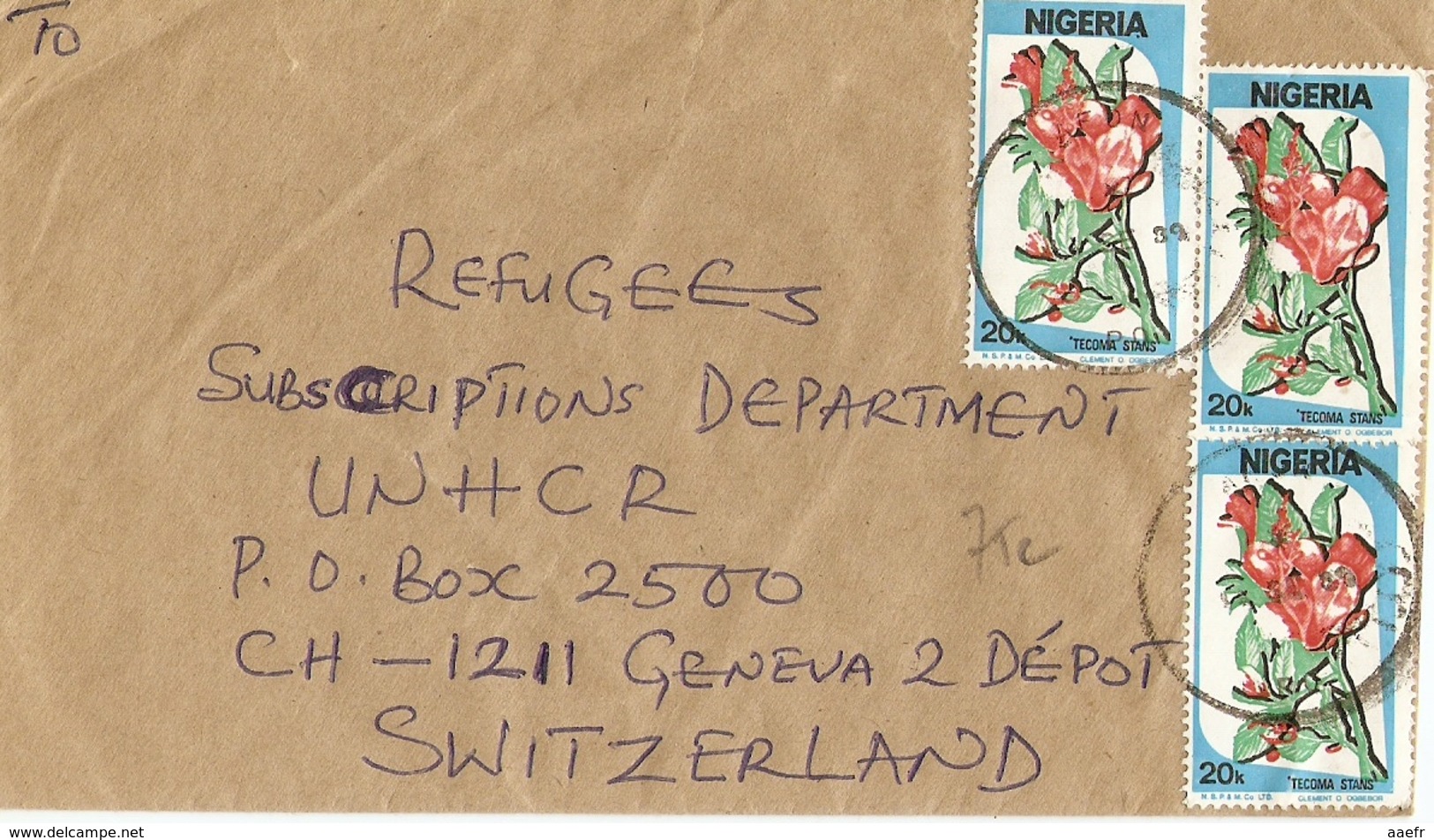 Nigeria 1989 - Lettre Adressée Au UNHCR "refugees" à Genève, Suisse - Sc 493 X 3 - Nigeria (1961-...)