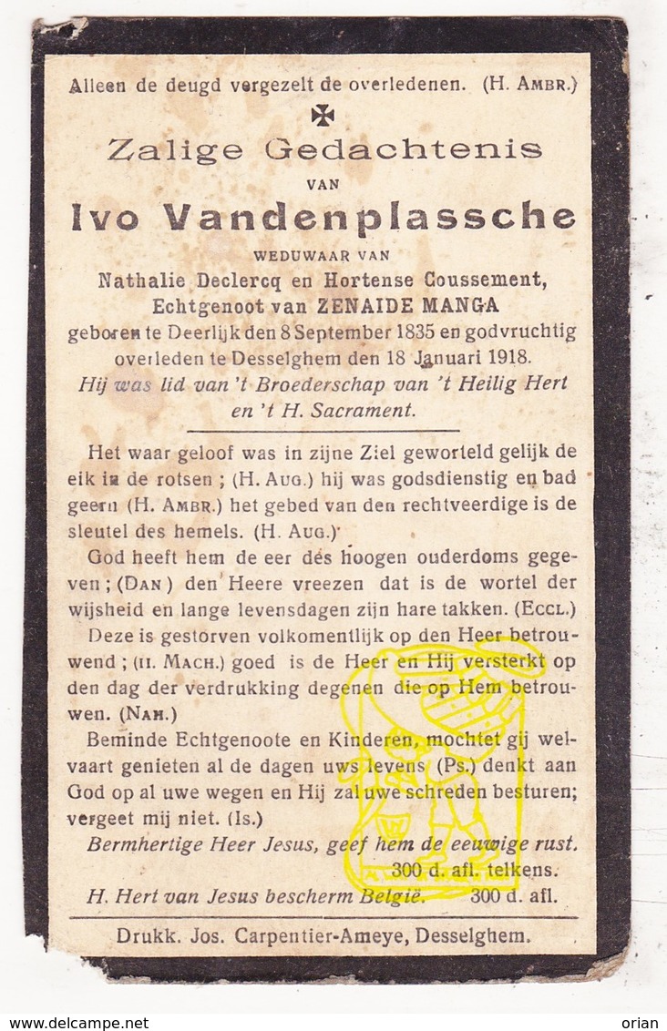 DP Ivo VandePlassche ° Deerlijk 1835 † Desselgem Waregem 1918 X N. Declercq Xx H. Coussement Xxx Z. Manga - Images Religieuses