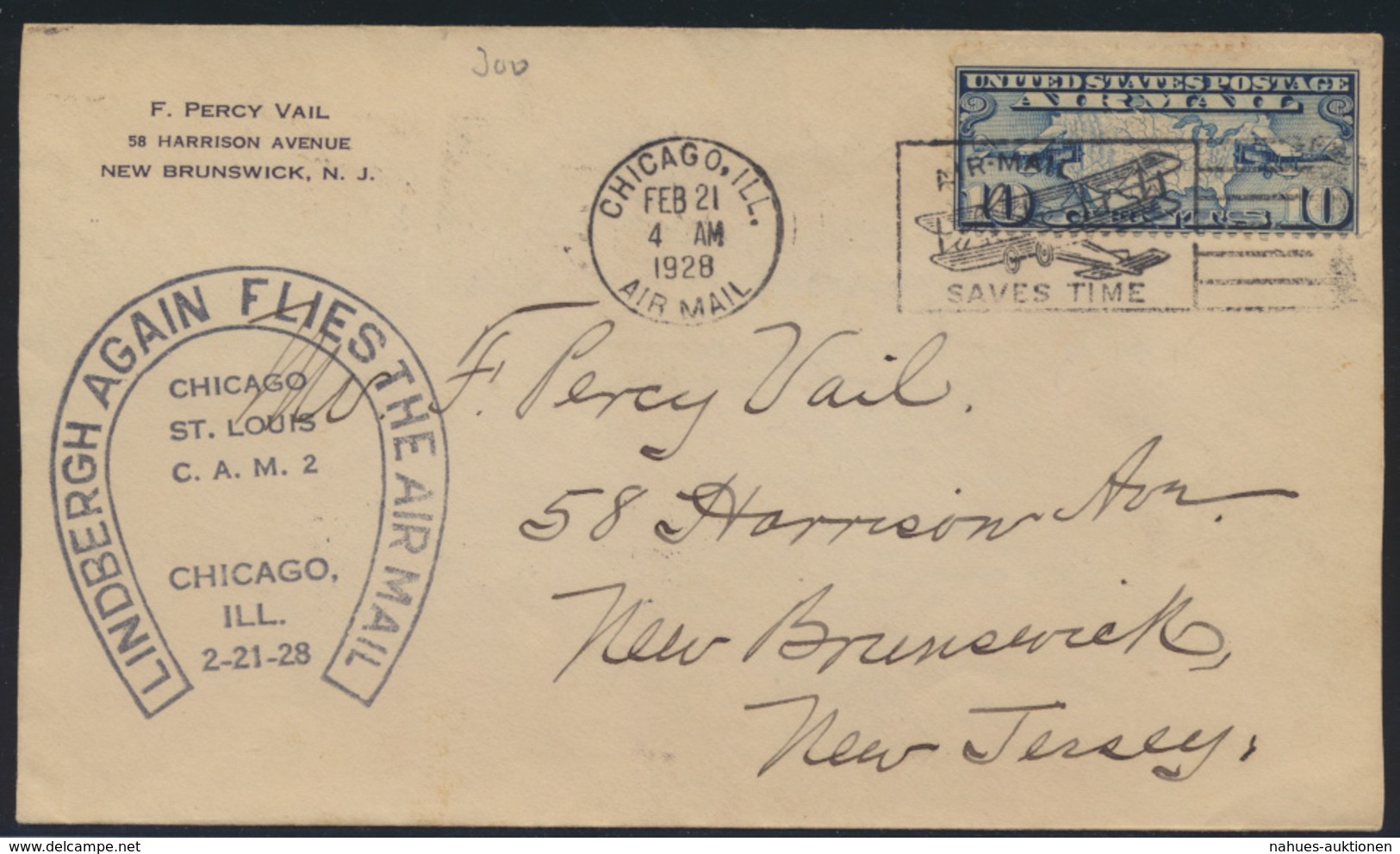 Flugpost USA Air-mail Letter Lindbergh Chicago To Brunswik New Jersey - Autres & Non Classés