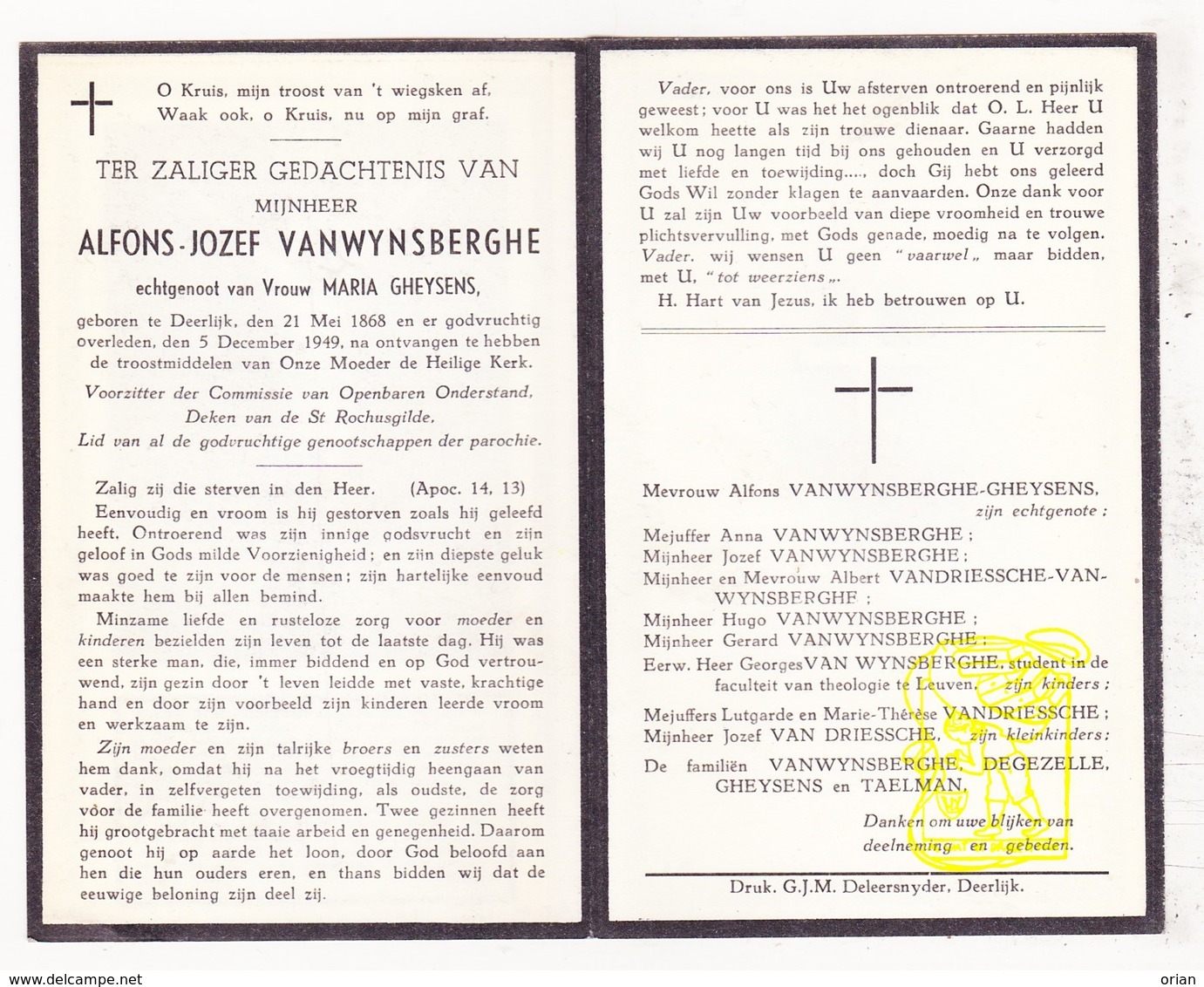 DP Alfons J. VanWynsberghe ° Deerlijk 1868 † 1949 X M. Gheysens / VanDriessche DeGezelle Taelman - Images Religieuses