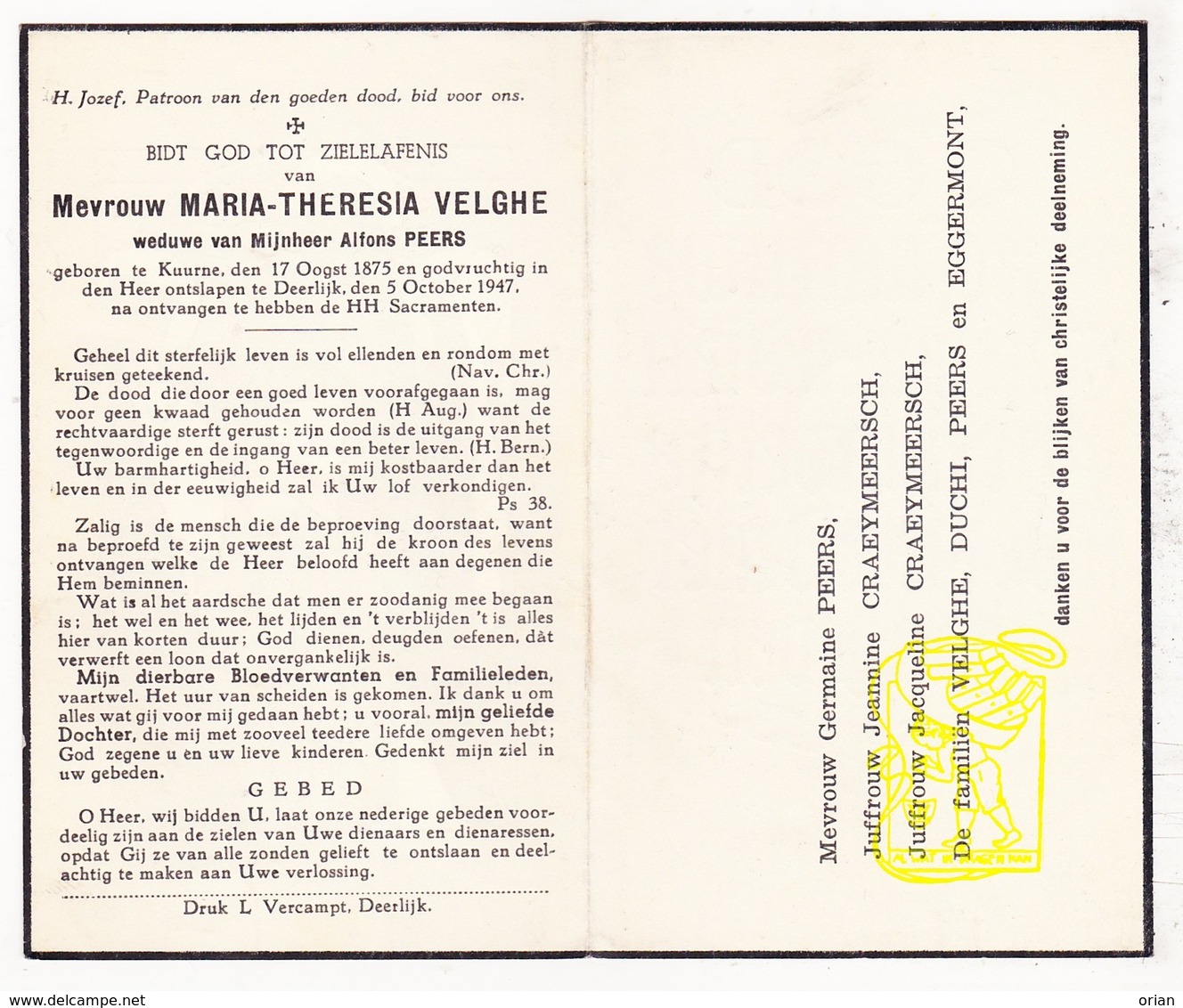 DP Maria Th. Velghe ° Kuurne 1875 † Deerlijk 1947 X Alfons Peers / Craeymeersch Duchi Eggermont - Imágenes Religiosas