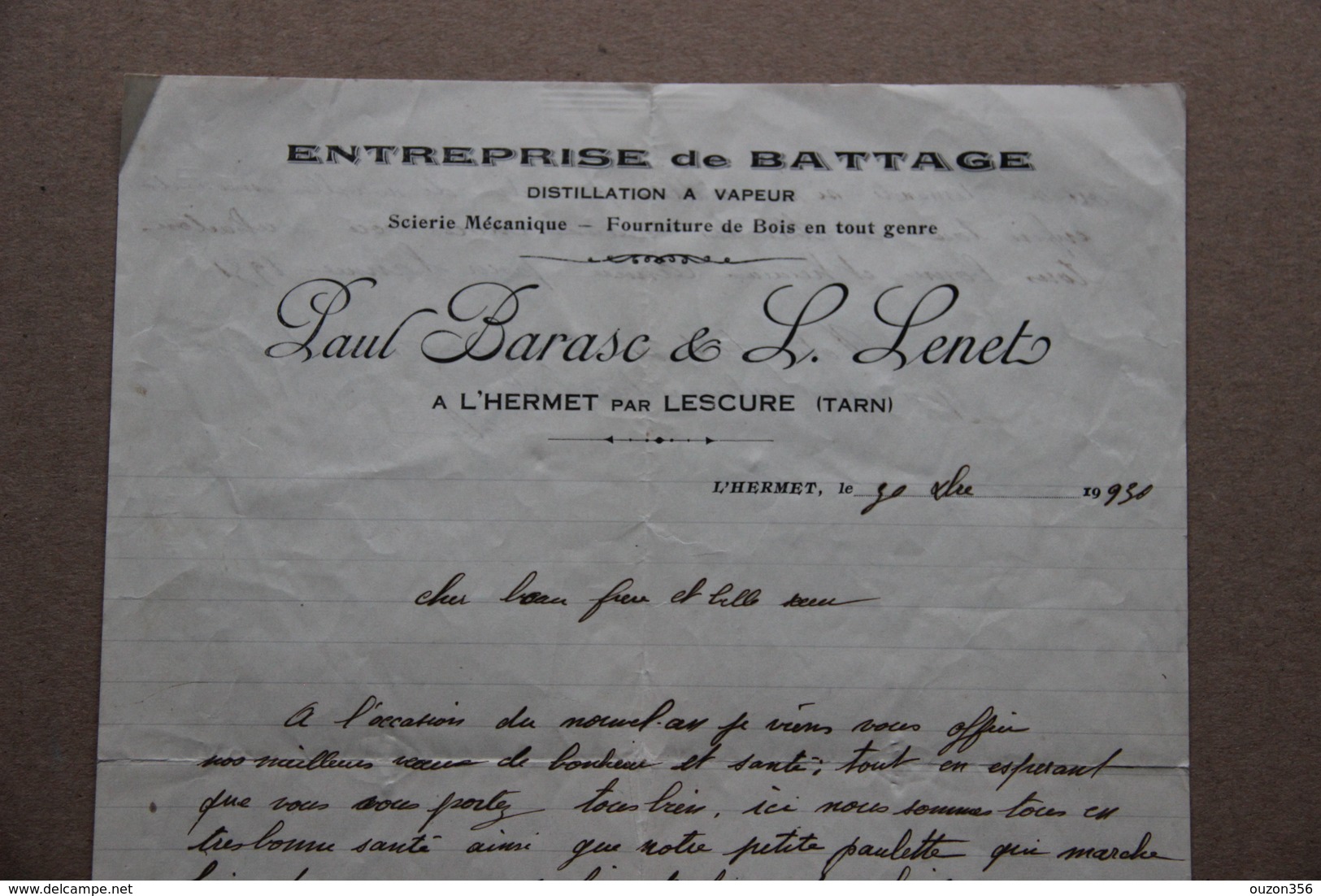 Lettre En-tête Paul Barasc, L.Lenet à L'Hermet Par Lescure (Tarn), Battage, Distillation, Scierie, Fourniture Bois, 1930 - Autres & Non Classés