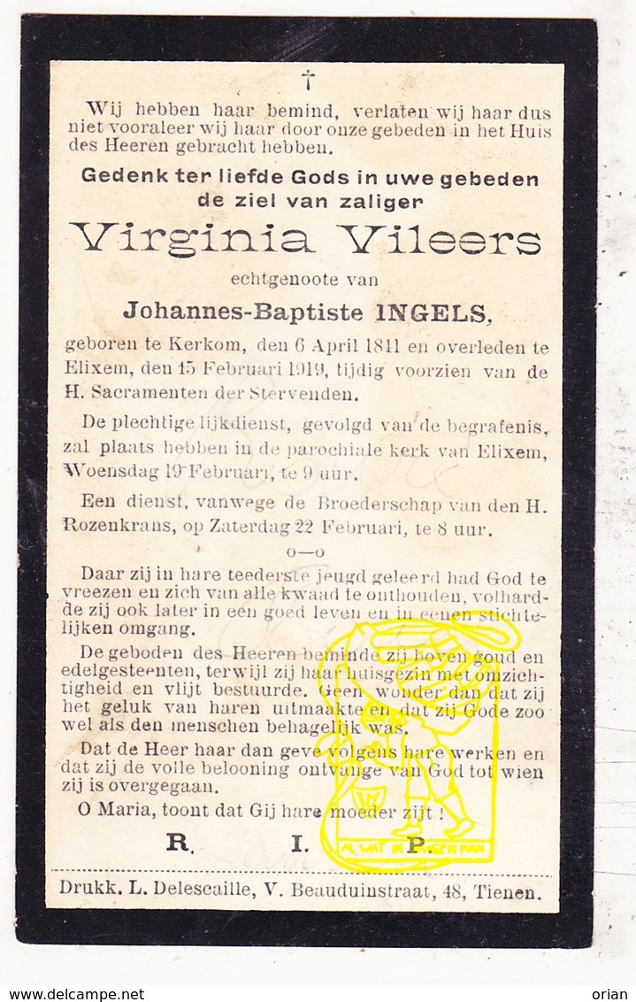 DP Virginia Vileers ° Kerkom 1841 † Eliksem Landen 1919 X JB. Ingels - Images Religieuses