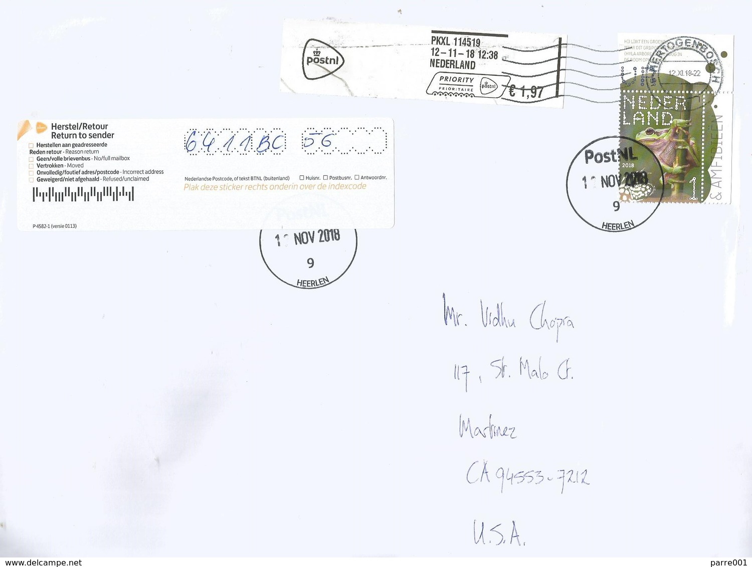 Nederland Netherlands 2018 Heerlen Meter Tree Frog Hytech "1710" EMA Returned Cover - Franking Machines (EMA)