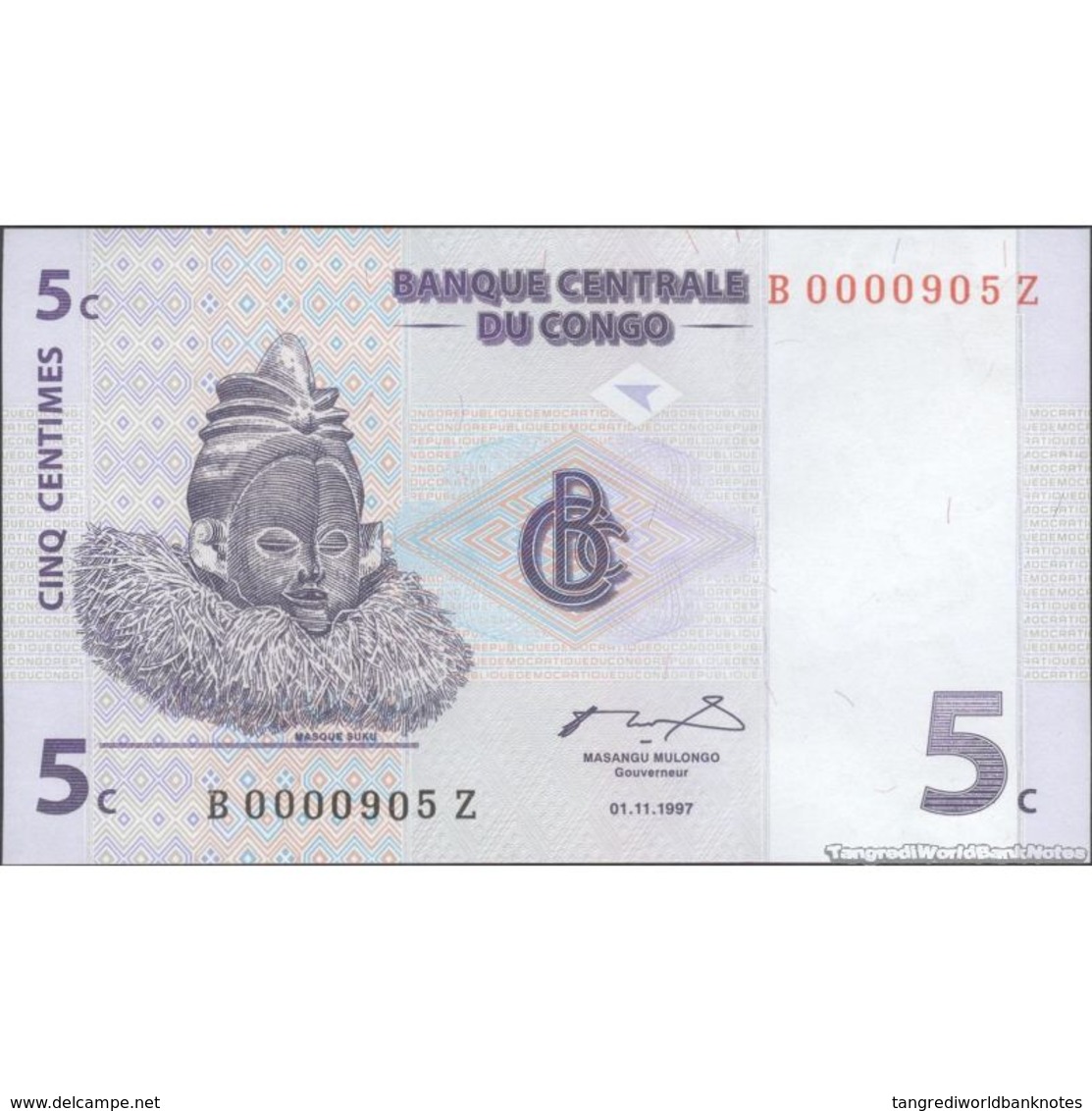 TWN - CONGO DEM. REP. 81a - 5 Centimes 1.11.1997 Replacement B XXXXXXX Z - Printer: Giesecke & Devrient , Germany UNC - Repubblica Democratica Del Congo & Zaire