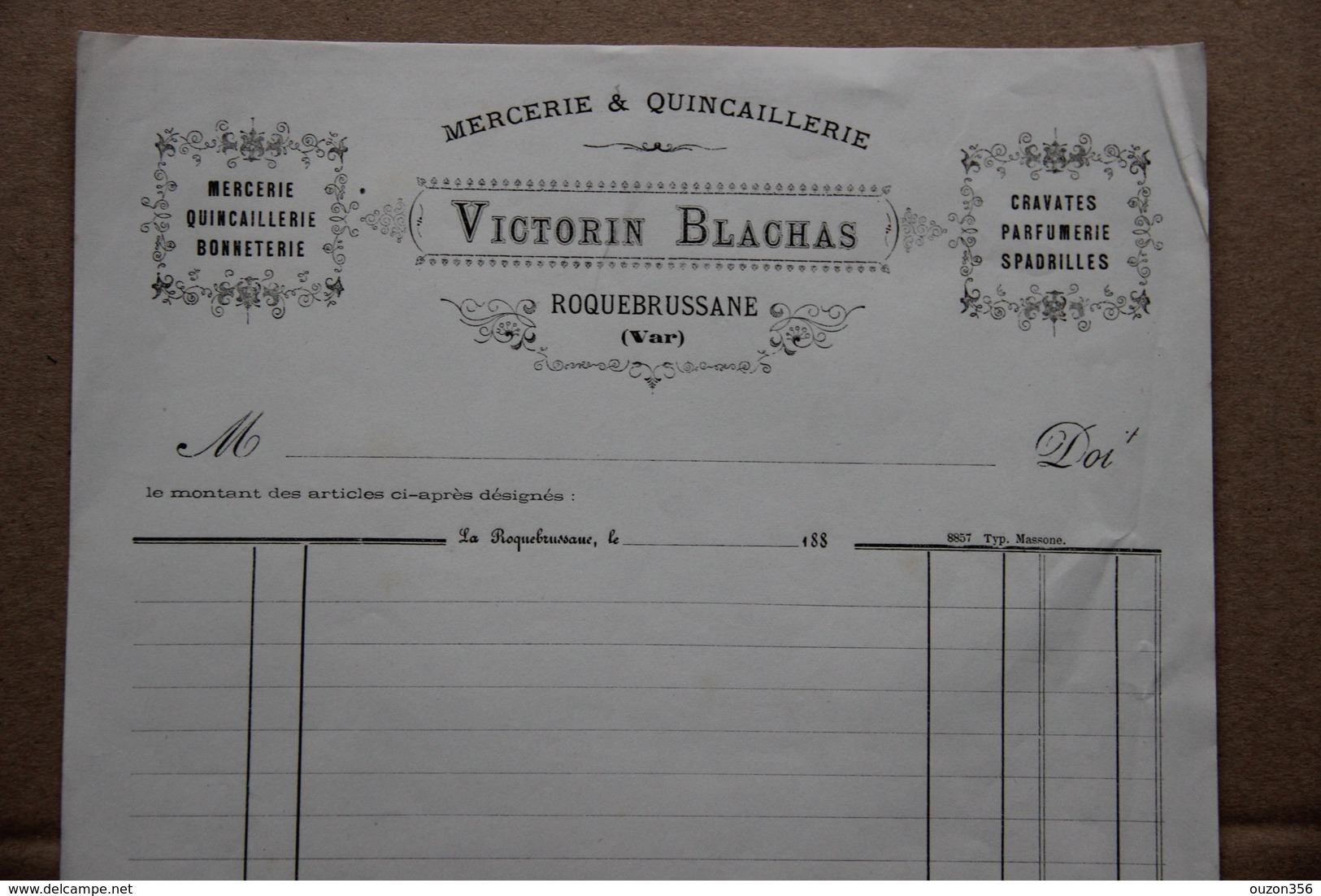 Facture Vierge Victorin Blachas, Mercerie, Quincaillerie à Roquebrusane (Var) - Textile & Vestimentaire