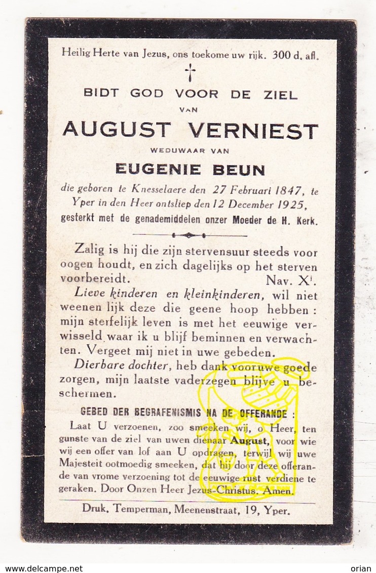 DP August Verniest ° Knesselare 1847 † Ieper 1925 X Eugenie Beun - Images Religieuses