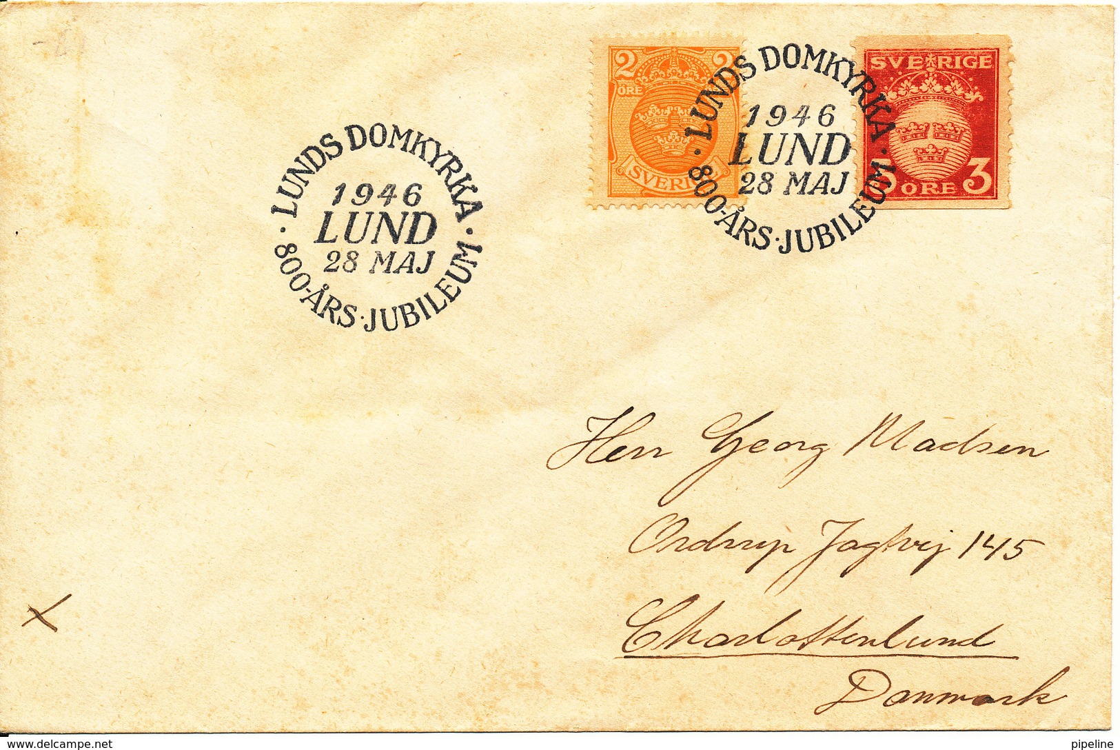 Sweden Cover Special Postmark Lunds Domkyrka 800th Anniv. 28-5-1946 (hinged Marks On The Backside Of The Cover) Sent To - Covers & Documents