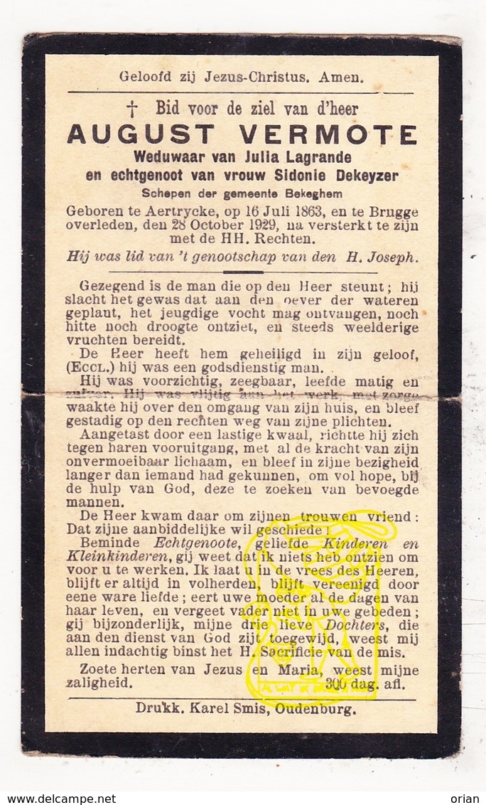 DP Schepen Bekegem Ichtegem - August Vermote ° Aartrijke Zedelgem 1863 † Brugge 1929 X J. LaGrande Xx S. DeKeyzer - Images Religieuses