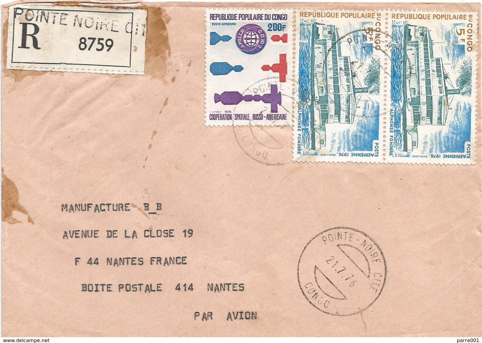 Congo 1976 Pointe Noire Cite Russia USA Space Cooperation Riverboat Registered Cover - Afgestempeld