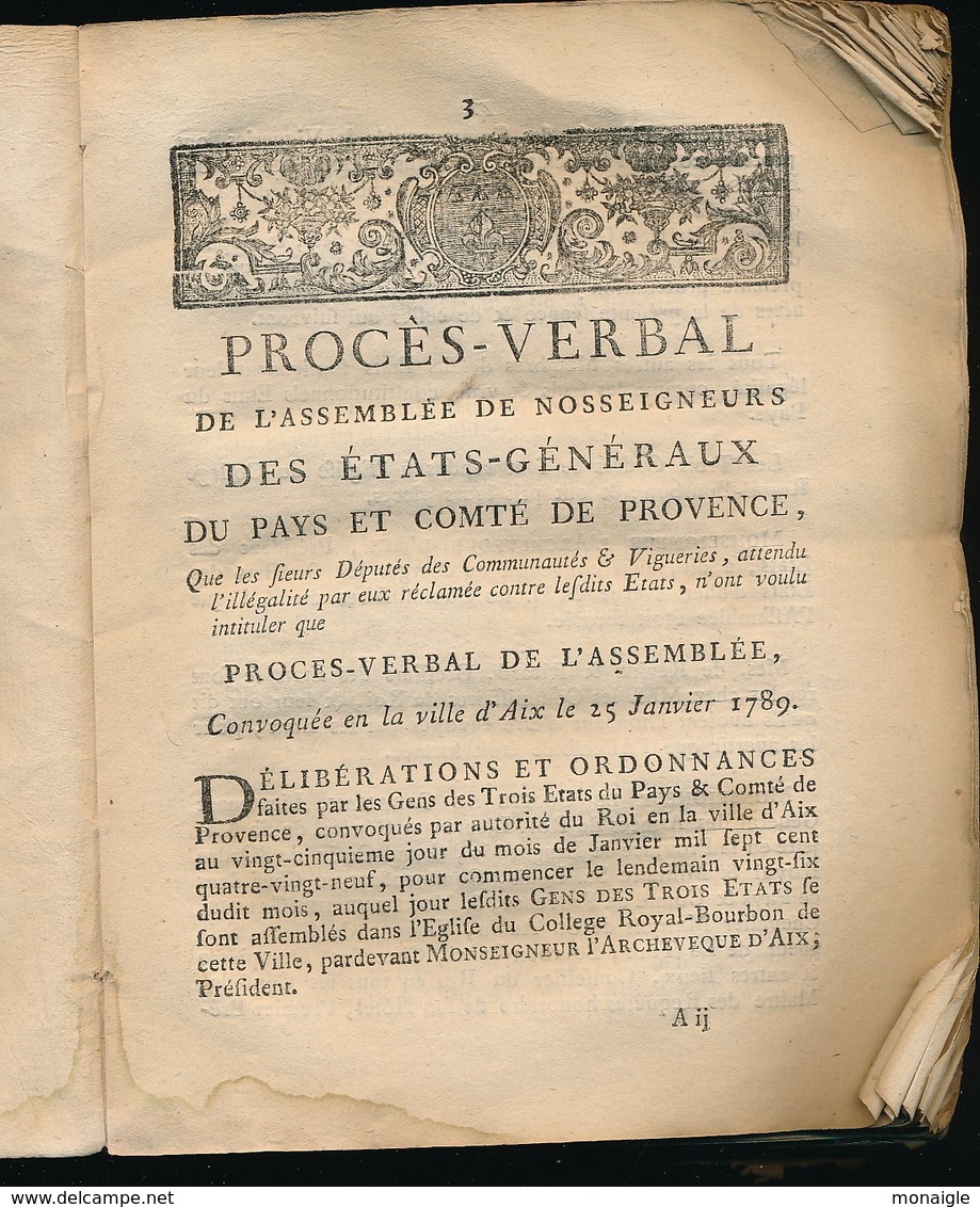 Proces-verbal Des états Généraux Du Pays Et Comté De Provence ( Aix ) 1789 - 1701-1800