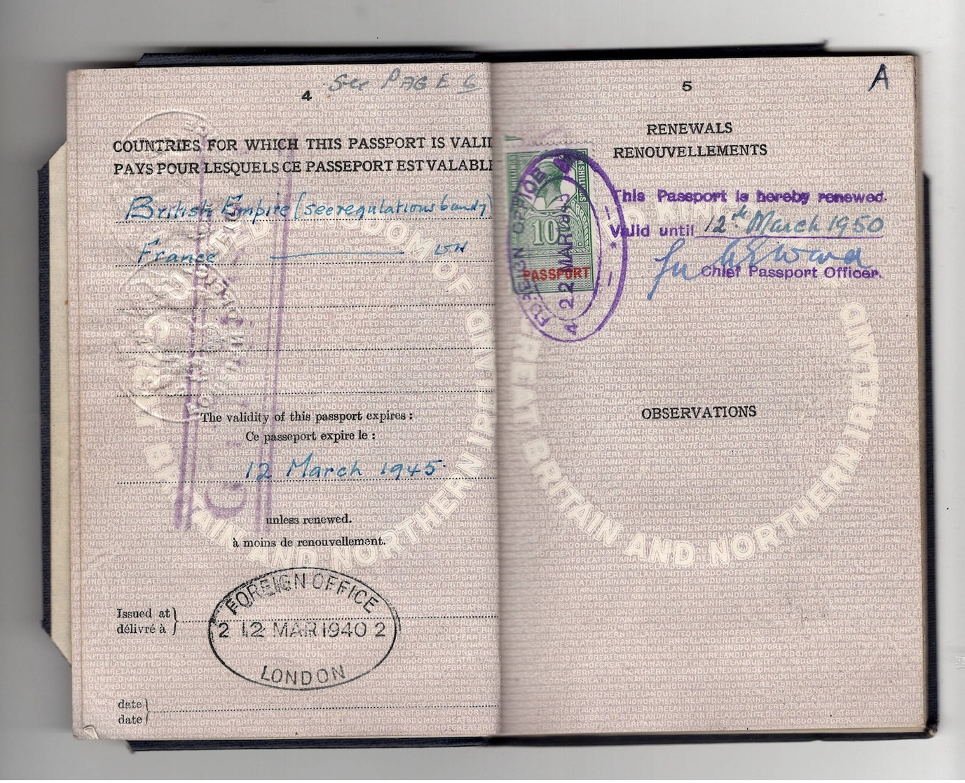 WW2 Passeport United Kingdom 1940/1945. Fiscaux France Et étranger, "affaires étrangères GRATIS", Nbx Cachets Consulats. - Historical Documents