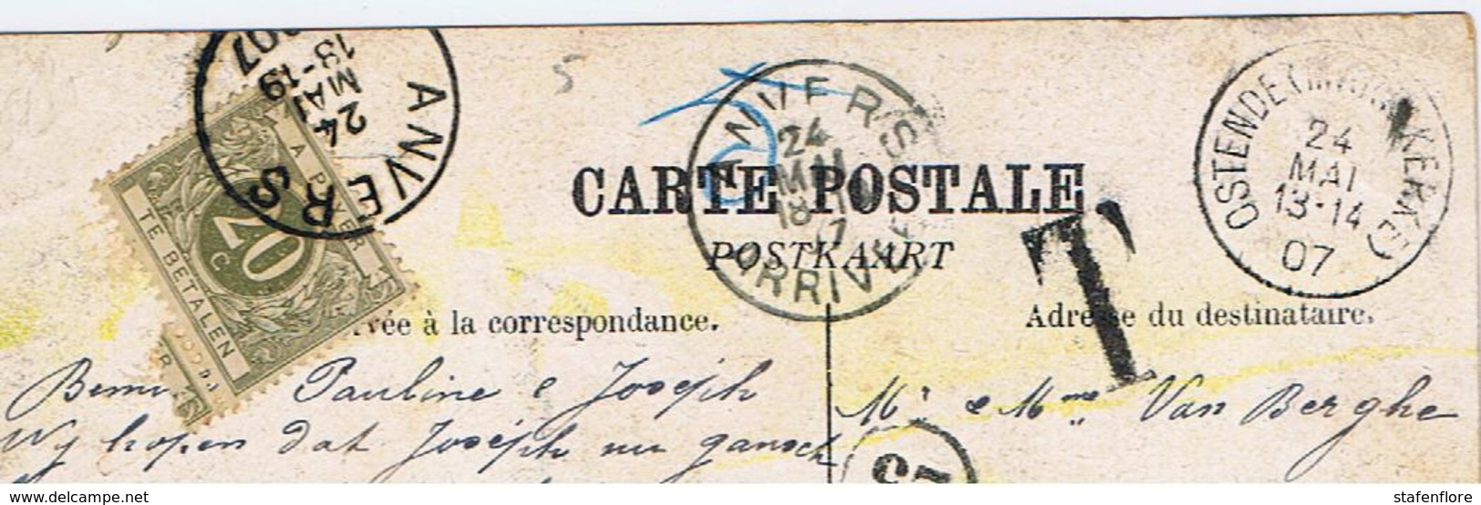 Zeer Mooie Kaart Van Ostende , Stempel Oostende -Mariakerke1907 Met Strafportzegels - Altri & Non Classificati