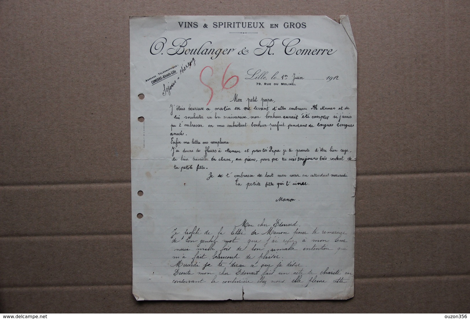 Lettre En-tête Boulanger Et Comerre, Vins Et Spiritueux En Gros à Lille (Nord), 1912 - Alimentaire