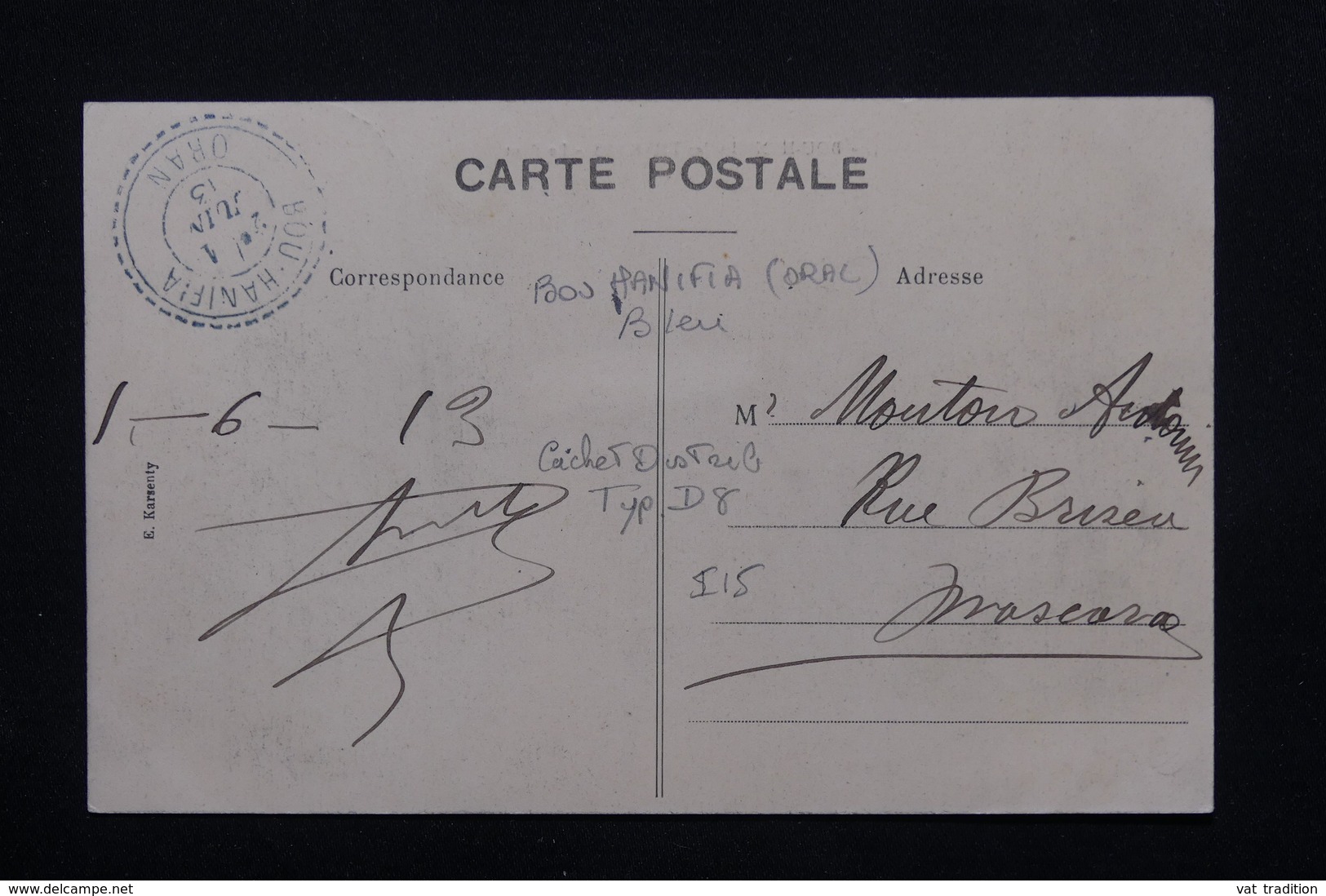 FRANCE - Oblitération De Bou Hanifia En Bleu Sur Carte Postale Pour Mascara En 1913 -  L 20941 - 1877-1920: Période Semi Moderne