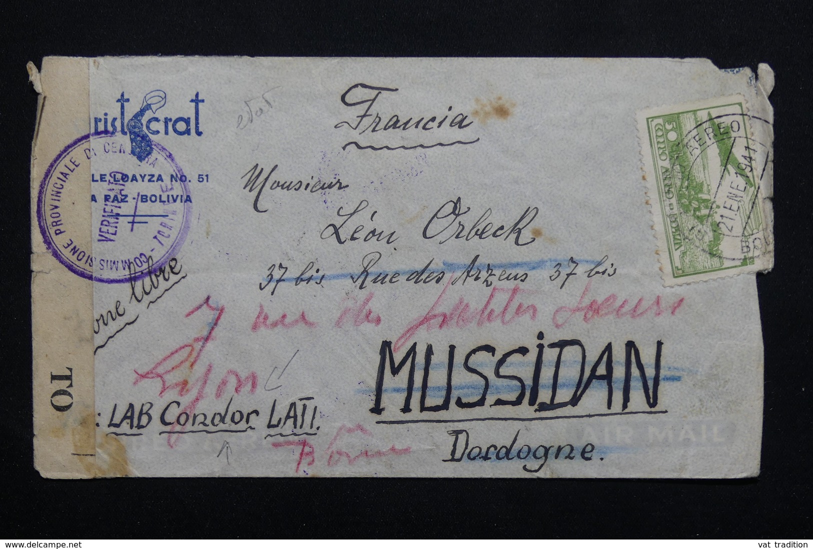 BOLIVIE - Enveloppe Par Condor Pour La France En 1941 , Contrôle Postal, Affranchissement Recto Et Verso -  L 20944 - Bolivia