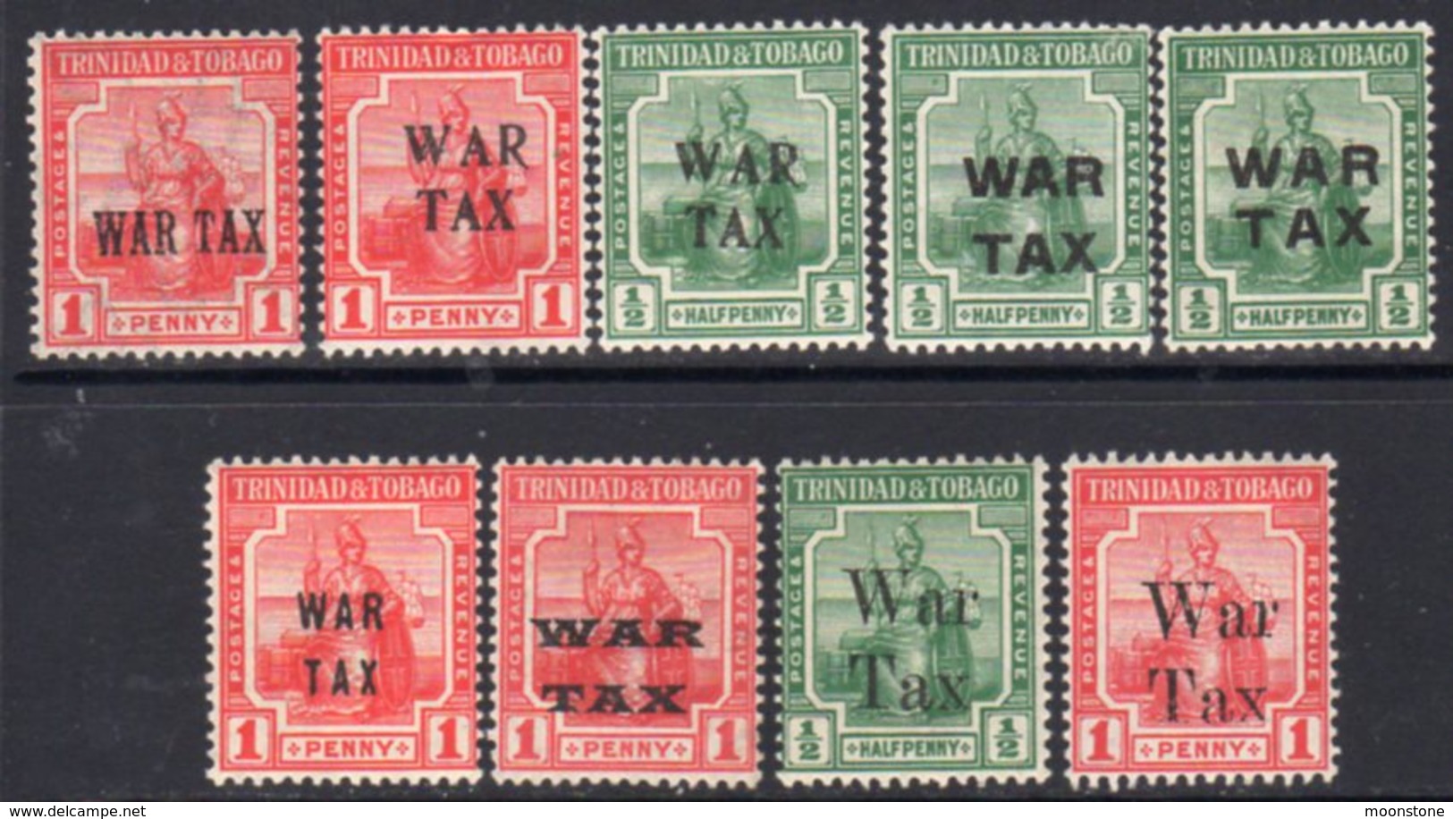 Trinidad & Tobago 1917-9 War Tax Overprints Group Of 9, MNH / Hinged Mint - Trinidad & Tobago (...-1961)