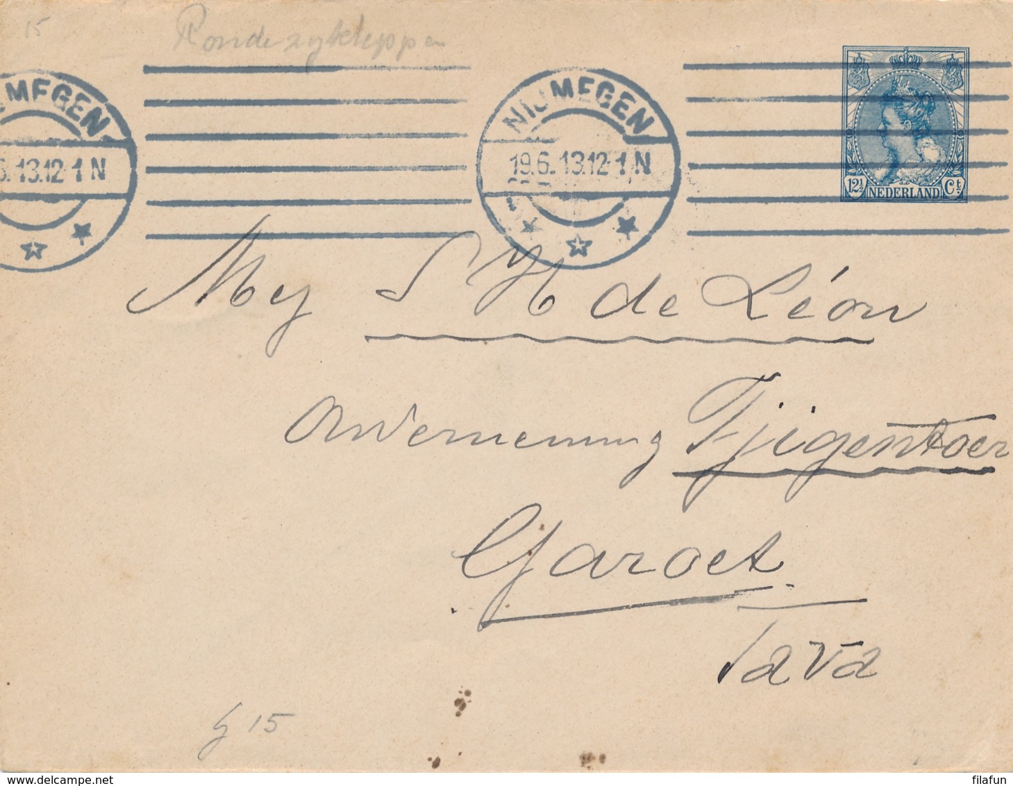 Nederland - 1913 - 12,5 Cent Wilhelmina, Envelop G15 Van Nijmegen Naar KB GAROET / Nederlands Indië - Postal Stationery