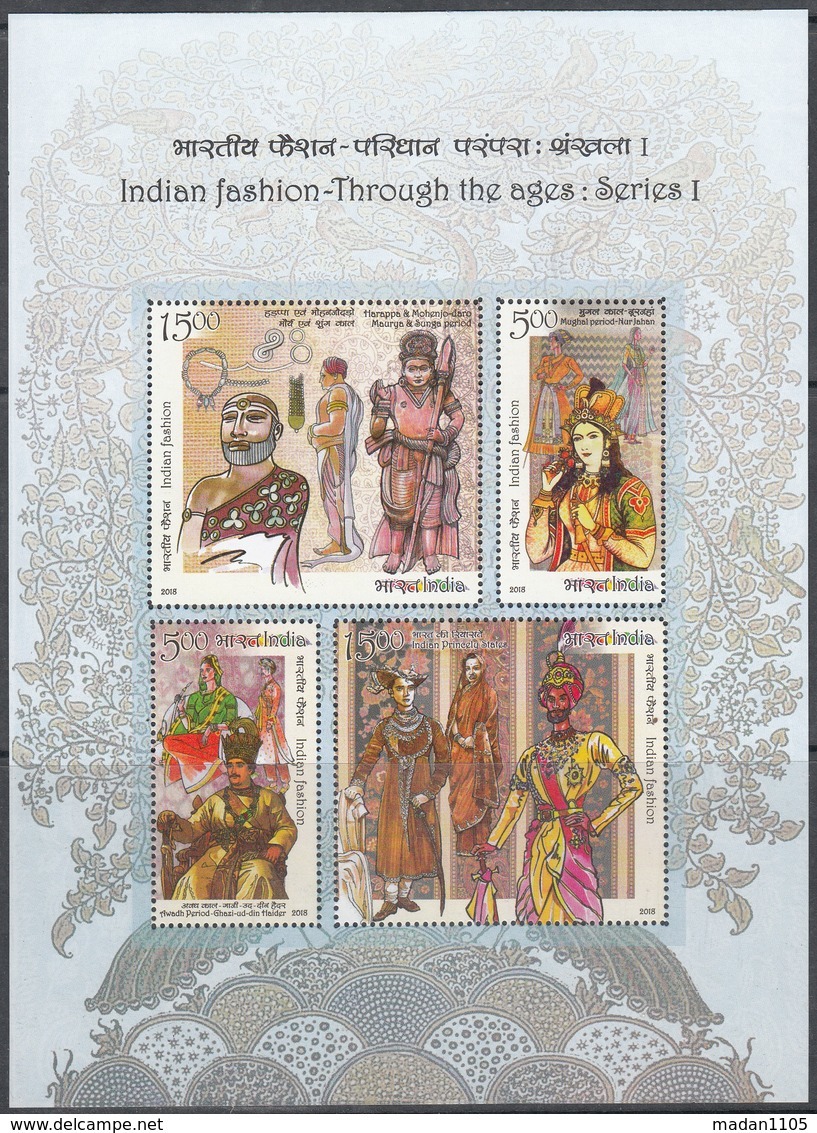 INDIA 2018 INDIA, MS  INDIAN FASHION Through Ages. Set 4v In Miniature Sheet, MNH(**) - Nuovi