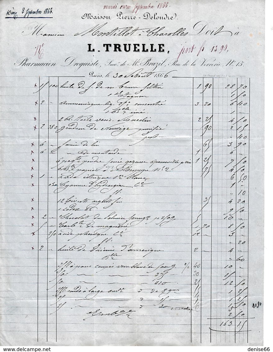 1866 - Paris - PHARMACIEN-DROGUISTE - L. TRUELLE Pour Pharmacien à CHAROLLES - Chemist's (drugstore) & Perfumery