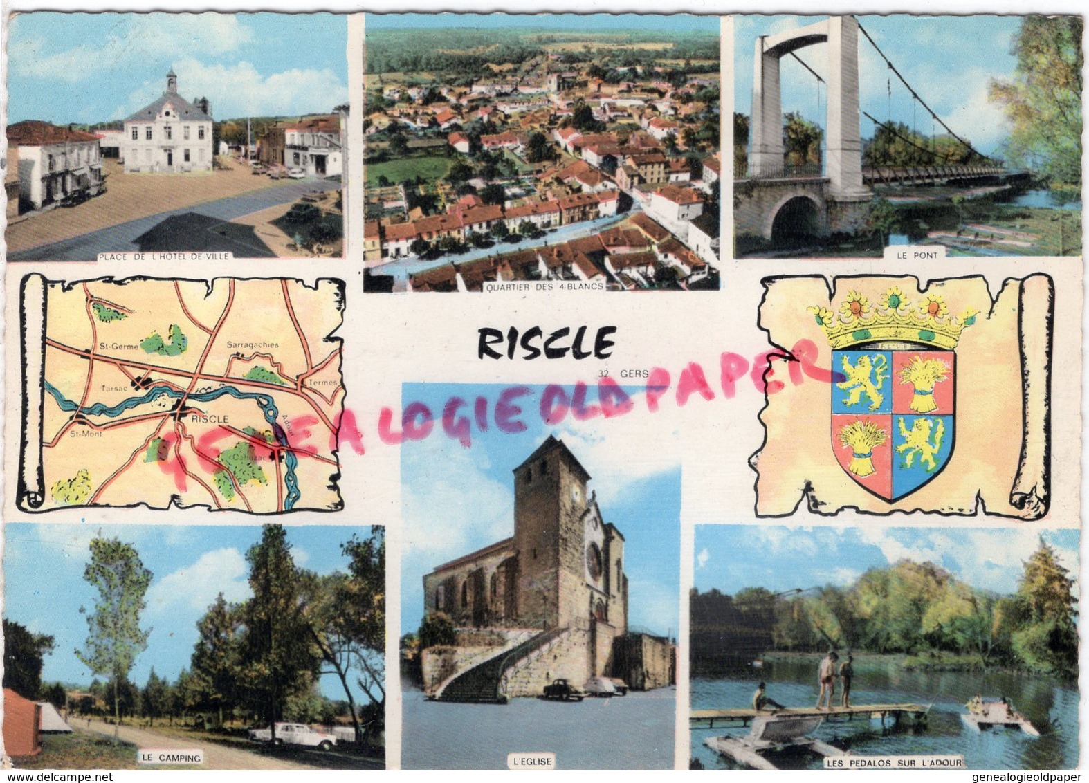 32 - RISCLE - PLACE HOTEL DE VILLE-PONT- EGLISE- CAMPING-QUARTIER DES 4 BLANCS -PEDALOS SUR L' ADOUR - Riscle