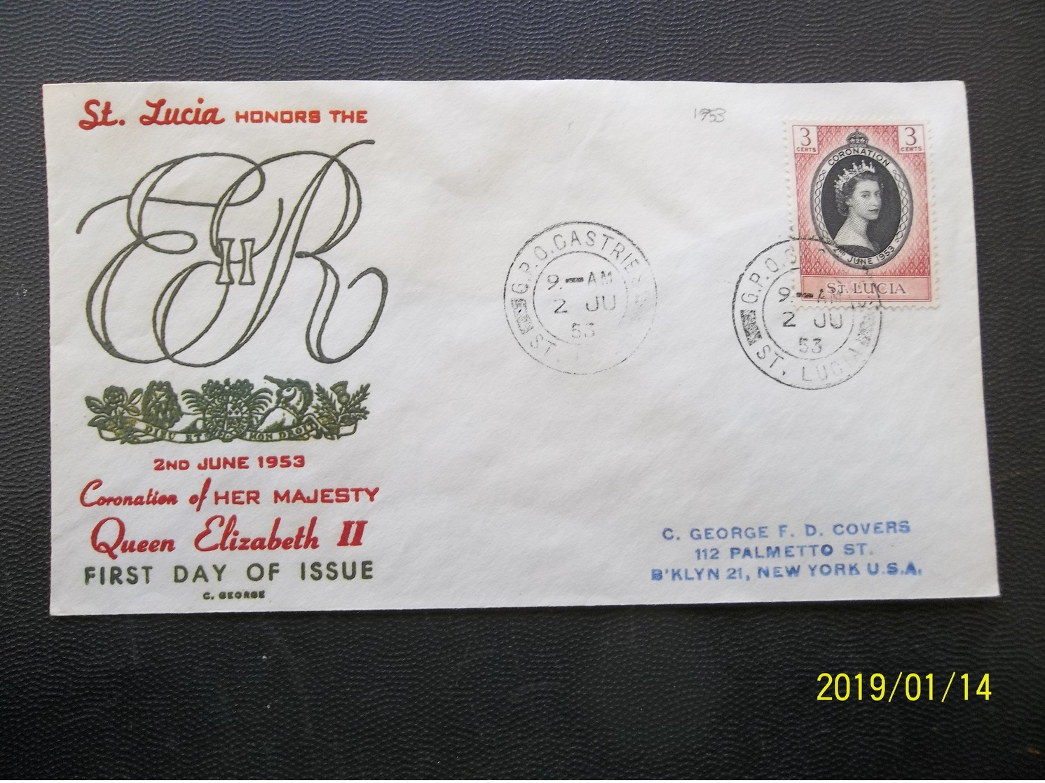 St. Lucia: 1953 Ca-FDC To USA (#CM9) - Ste Lucie (...-1978)