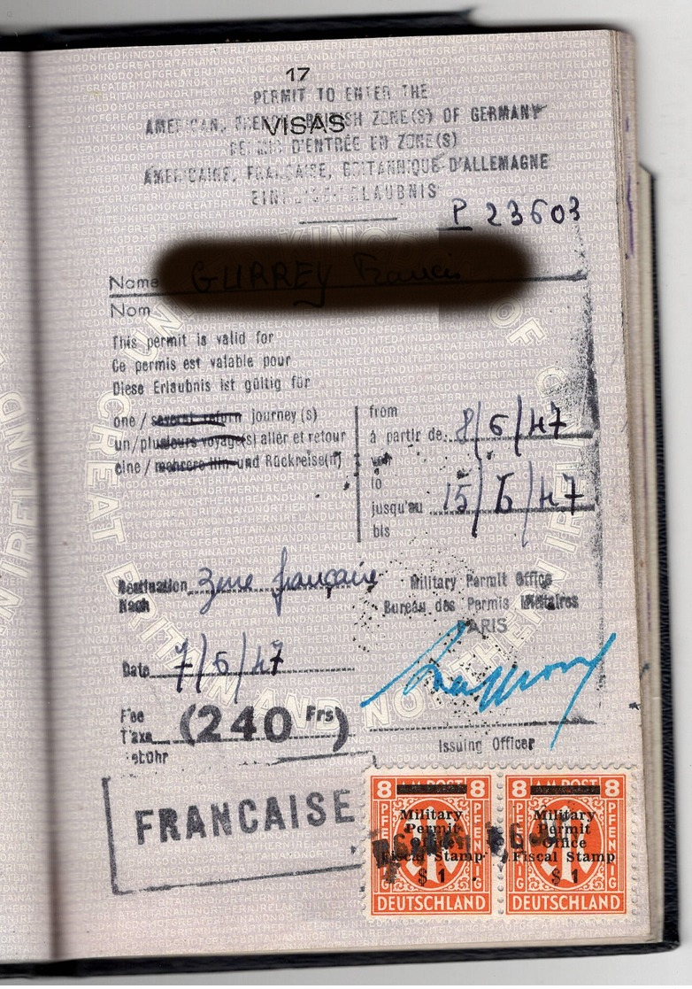 WW2 Occupation Interalliée: AMG Military Travel Permit ( Y Et T TR4) Sur Passeport United Kingdom1946  Voir Nbx  Scans - Altri & Non Classificati