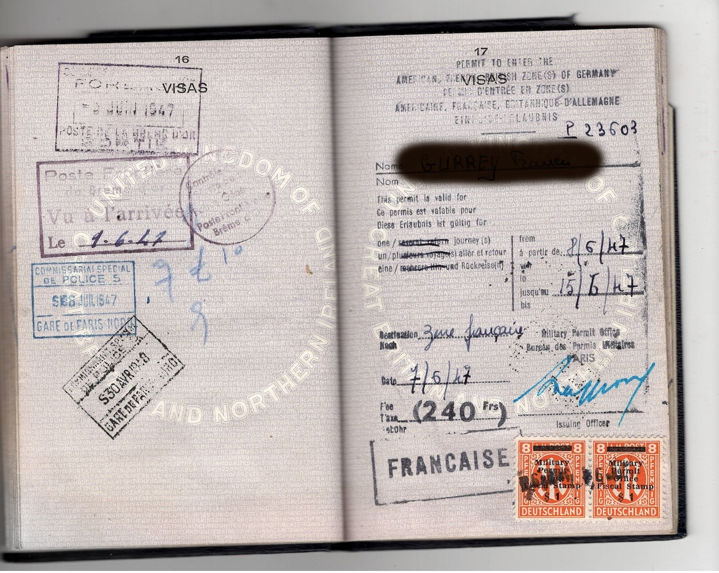 WW2 Occupation interalliée: AMG Military travel permit ( Y et T TR4) sur passeport United Kingdom1946  voir nbx  scans