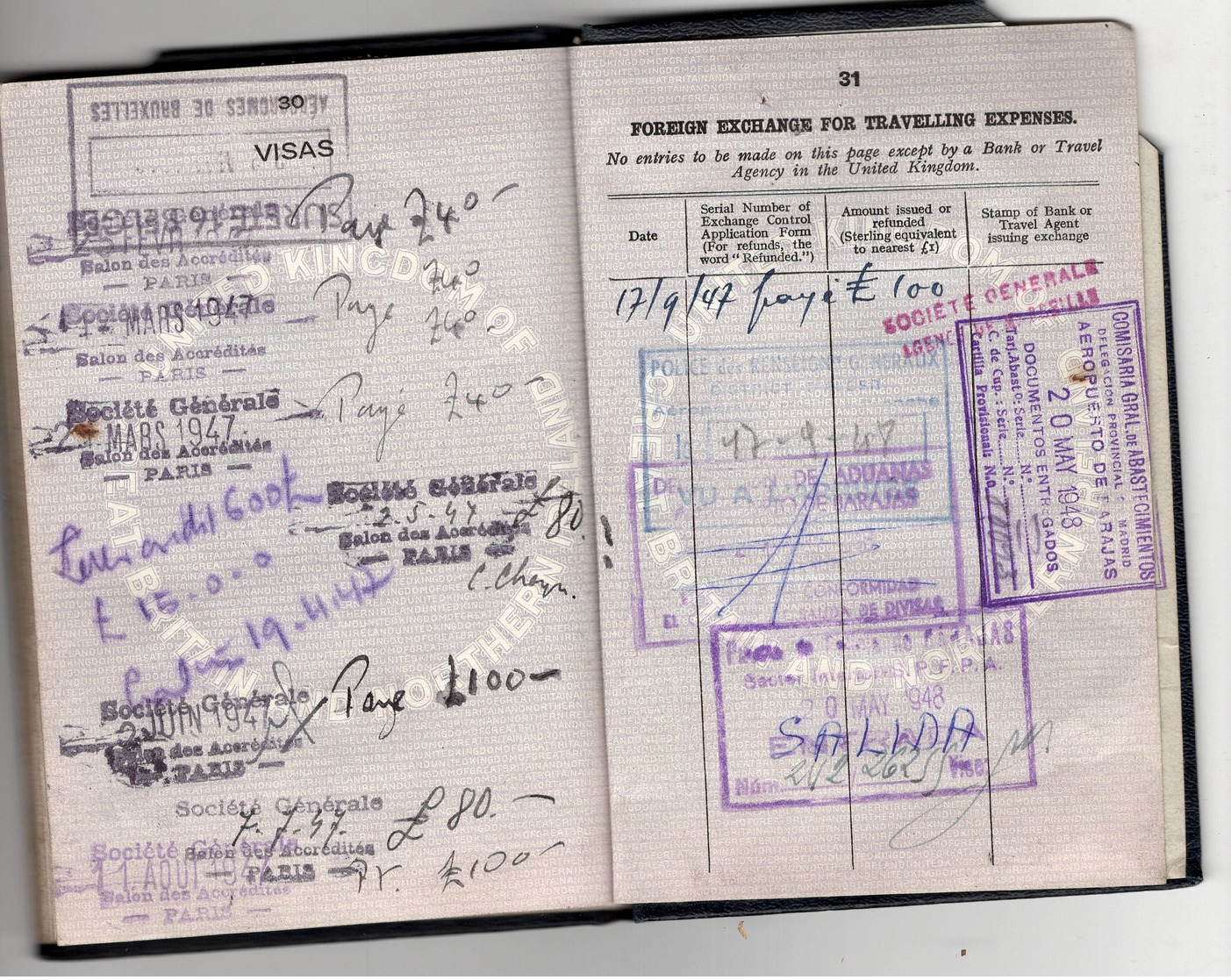 WW2 Occupation interalliée: AMG Military travel permit ( Y et T TR4) sur passeport United Kingdom1946  voir nbx  scans