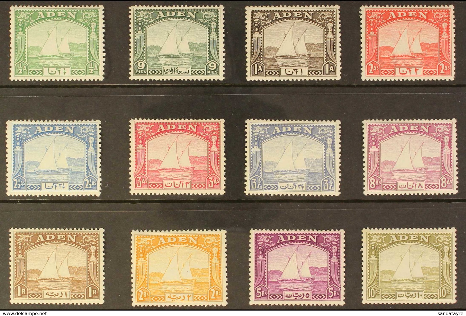 1937 "Dhow" Definitives Complete Set, SG 1/12, Very Fine Lightly Hinged Mint. (12 Stamps) For More Images, Please Visit  - Aden (1854-1963)