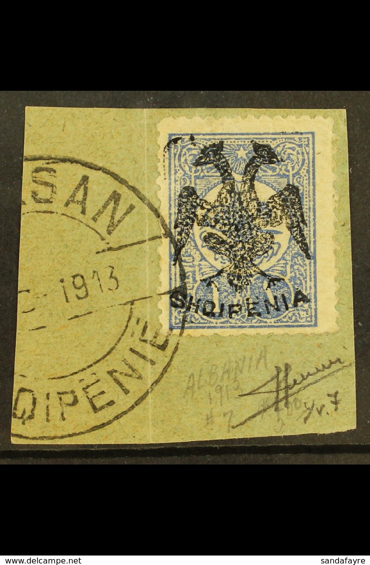 1913 1pi Ultramarine 'Double Eagle' Overprint (Michel 7, SG 7), Very Fine Used On Piece Tied By "Elbasan" Cds Cancel, Ex - Albania