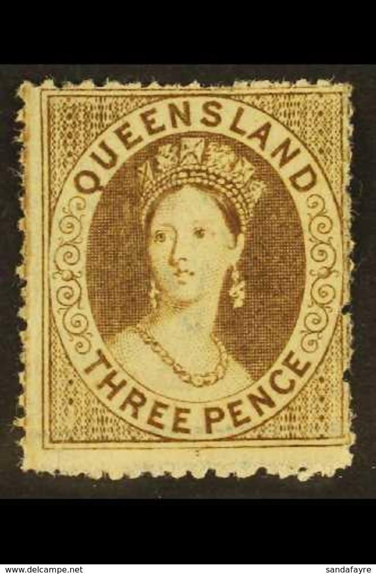 QUEENSLAND 1860-61 3d Brown Clean- Cut Perf, Wmk Small Star, SG 8, Mint, Fresh And Attractive But Short Repaired Conceal - Other & Unclassified